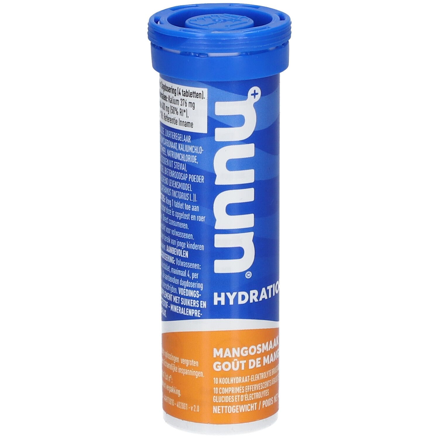 Blaue Tube Nuun Hydration Mango. Text: Mangosmaak, Gout de Mangue. 10 Brausetabletten. Nuun Logo.