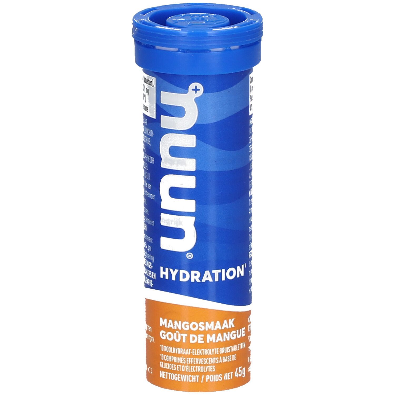 Blaue Tube Nuun Hydration Mango. Text: Mangosmaak, Gout de Mangue. 10 Brausetabletten. Nettogewicht 45g.