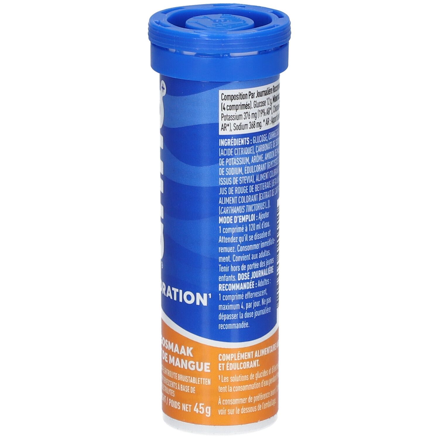 Blaue Tube Nuun Hydration Mango. Text: Mangosmaak, Gout de Mangue. 10 Brausetabletten. Nettogewicht 45g.