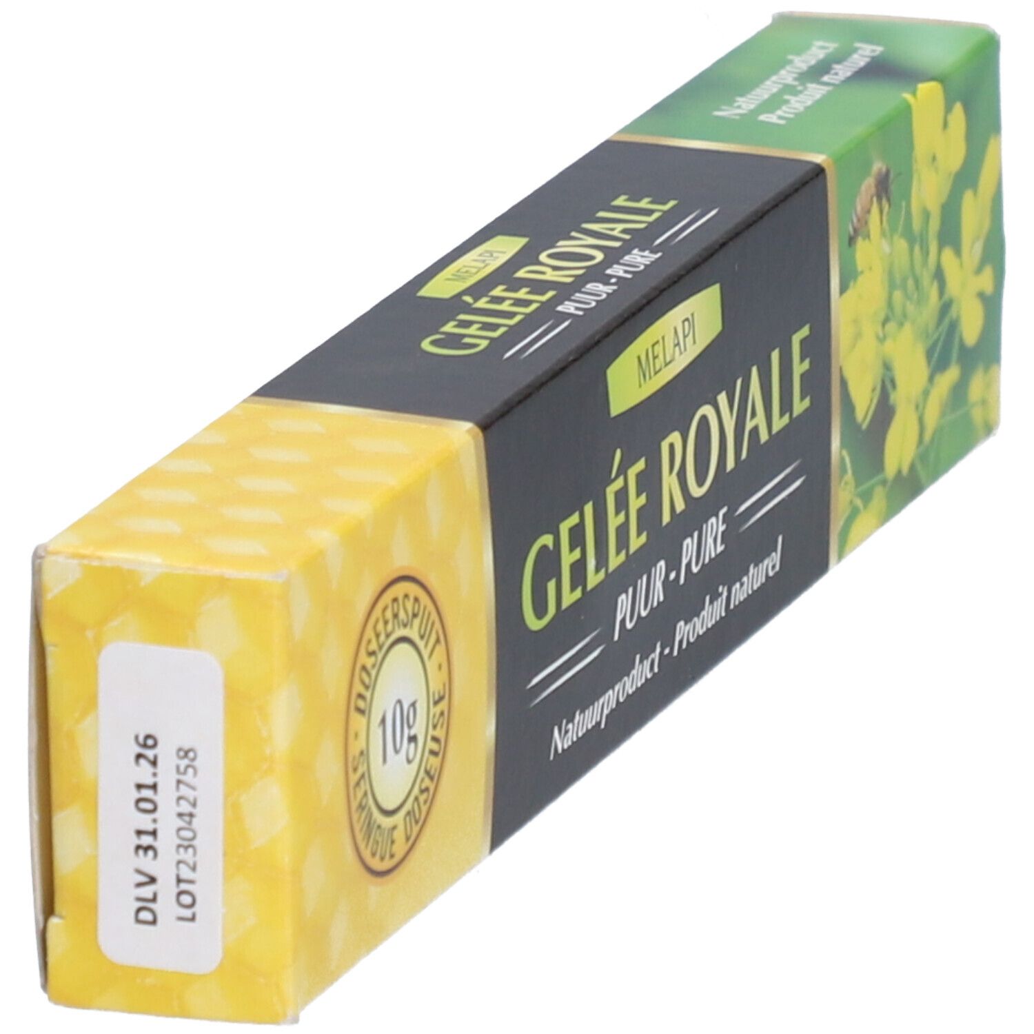 Boîte de Gelée Royale. Boîte avec nom du produit et motif floral. Seringue doseuse de 10g. Vue en perspective.