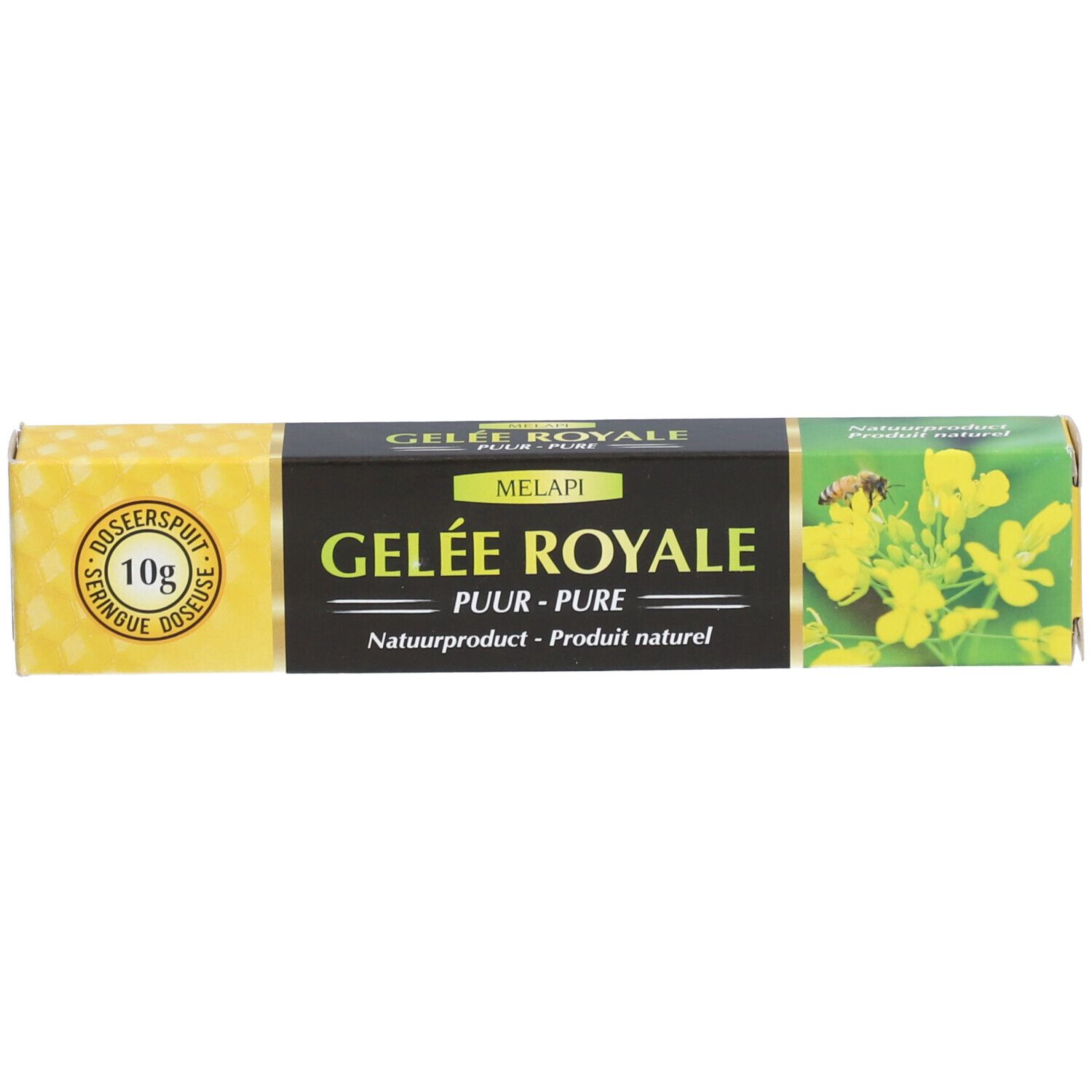 Boîte de Gelée Royale. Boîte jaune et noire avec nom du produit et motif floral. Seringue doseuse de 10g.