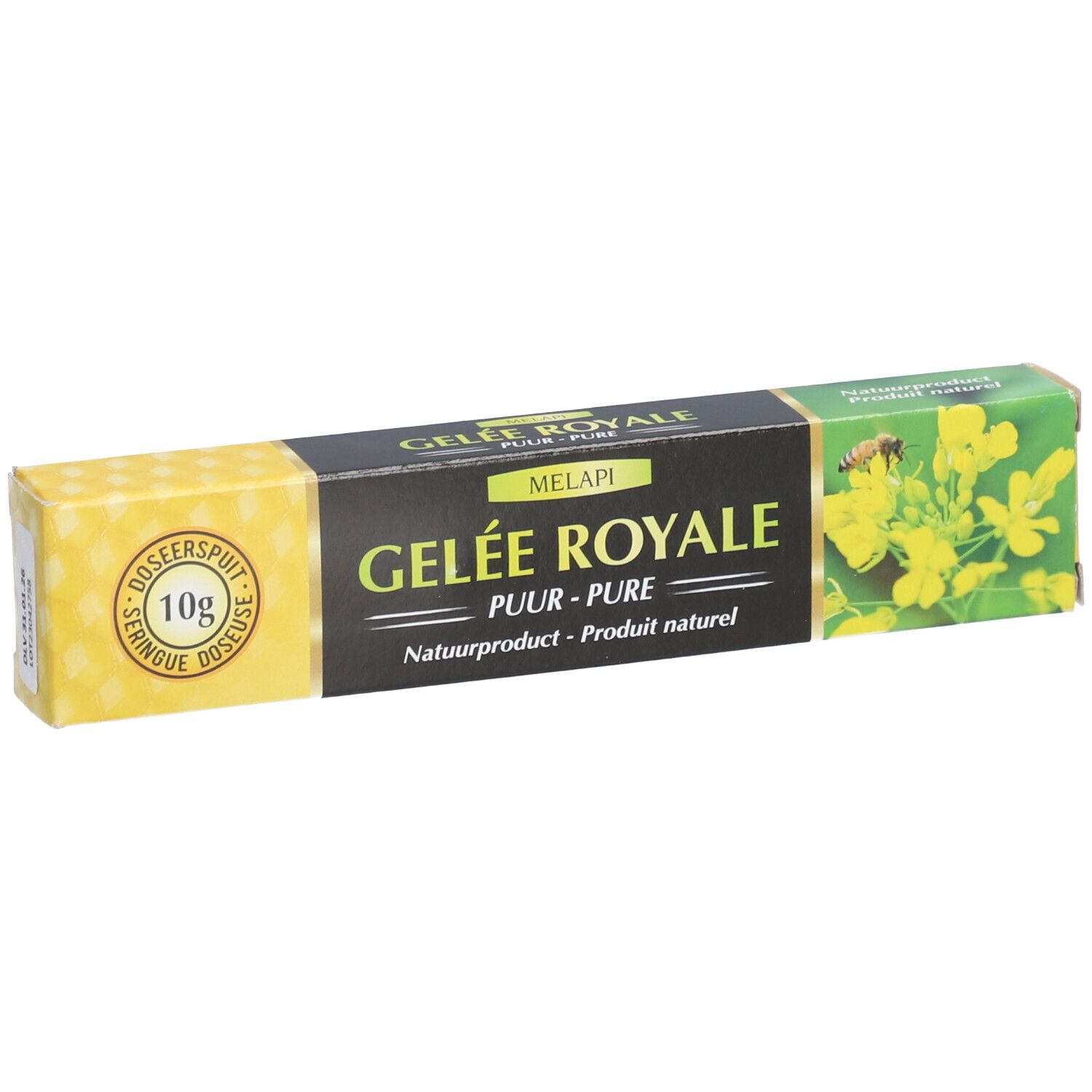 Boîte de Gelée Royale. Boîte jaune et noire avec nom du produit et motif floral. Seringue doseuse de 10g.