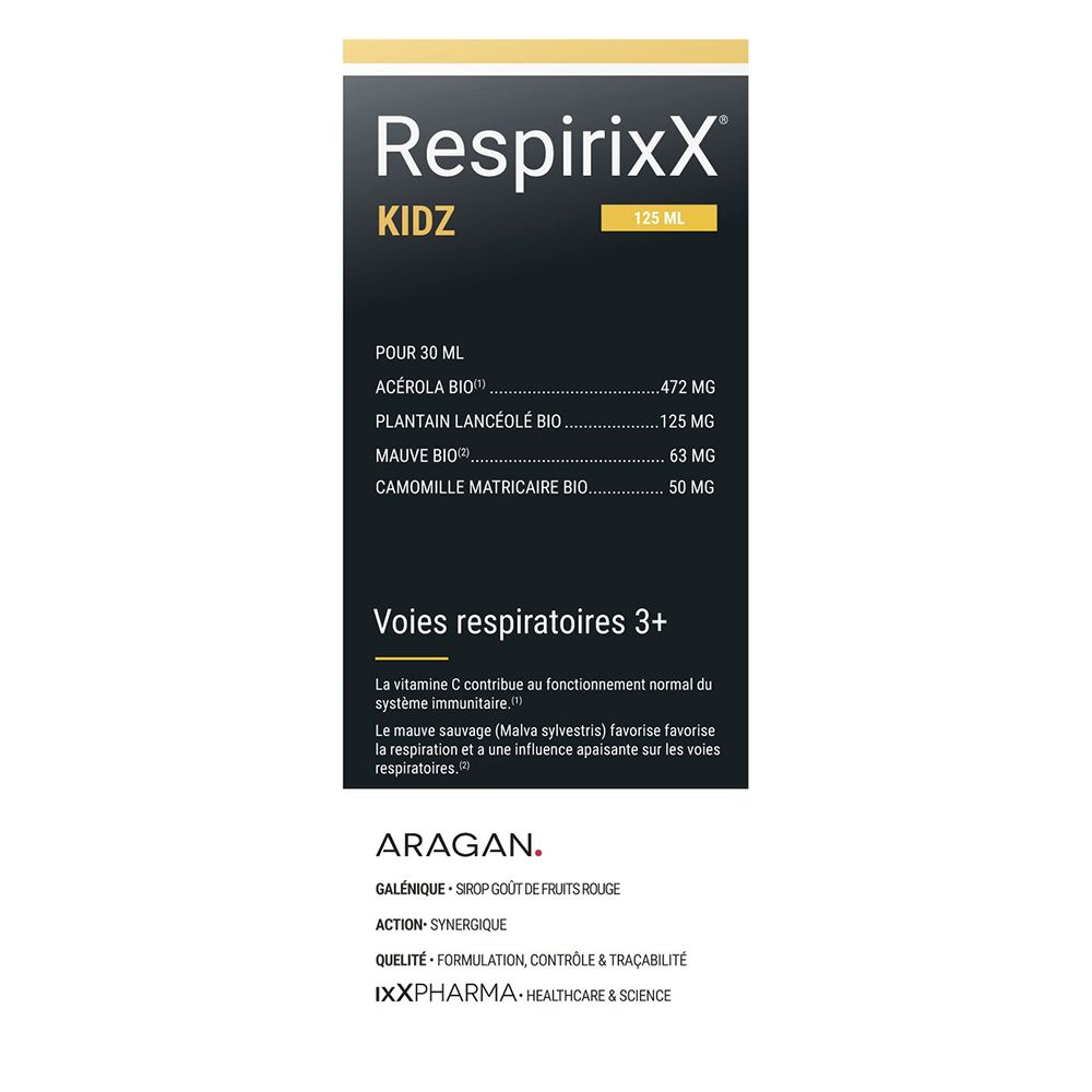 Emballage du produit. Inscription: RespirixX Kidz, 125 ml. Ingrédients et informations.