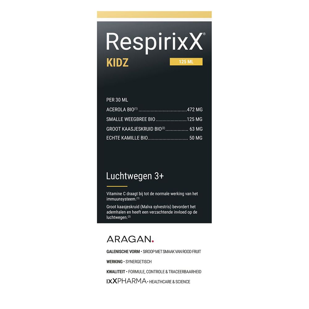 Productverpakking. Opschrift: RespirixX Kidz, 125 ml. Ingrediënten en informatie.