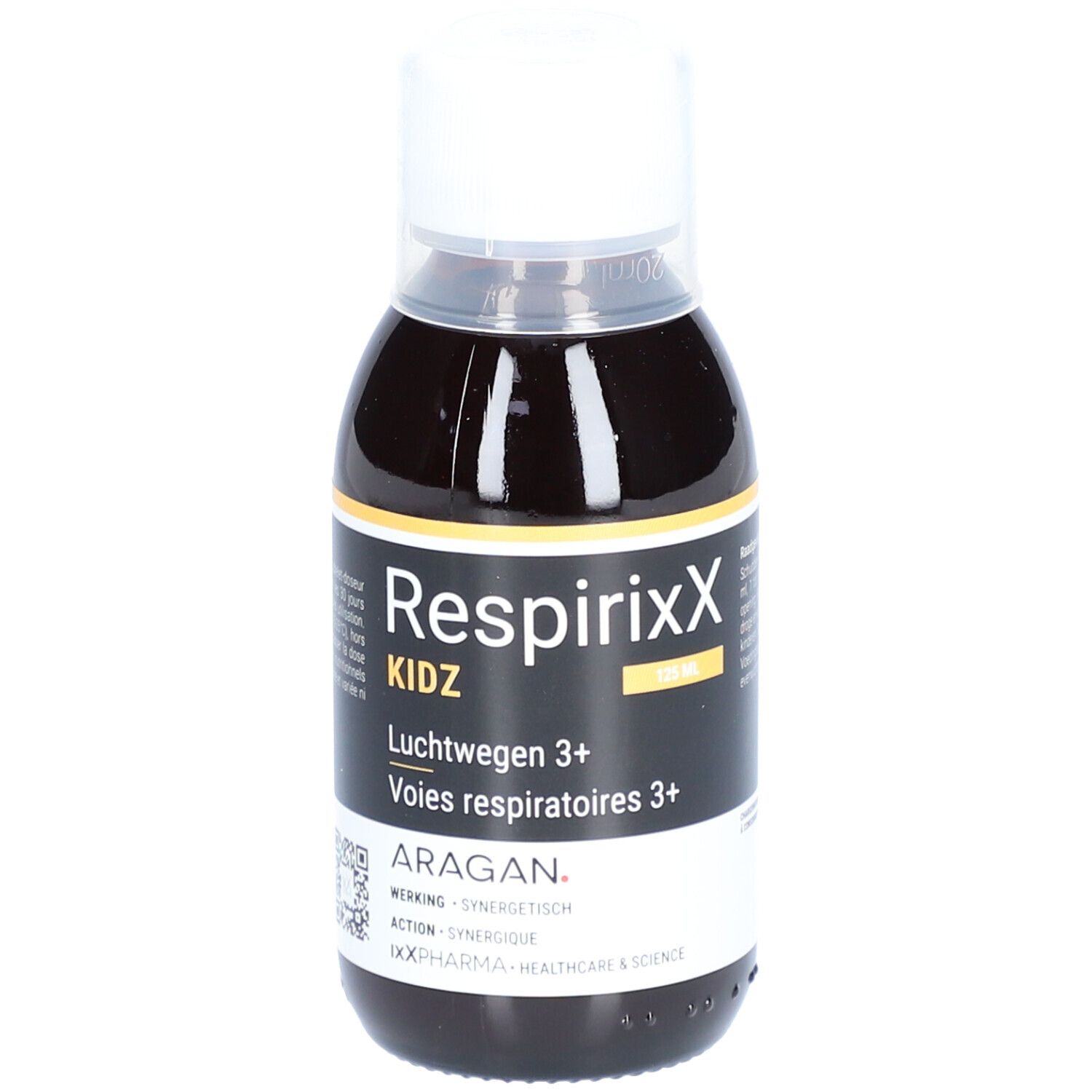 Bruine vloeistof in een fles met witte dop. Opschrift: RespirixX Kidz, Luchtwegen 3+.