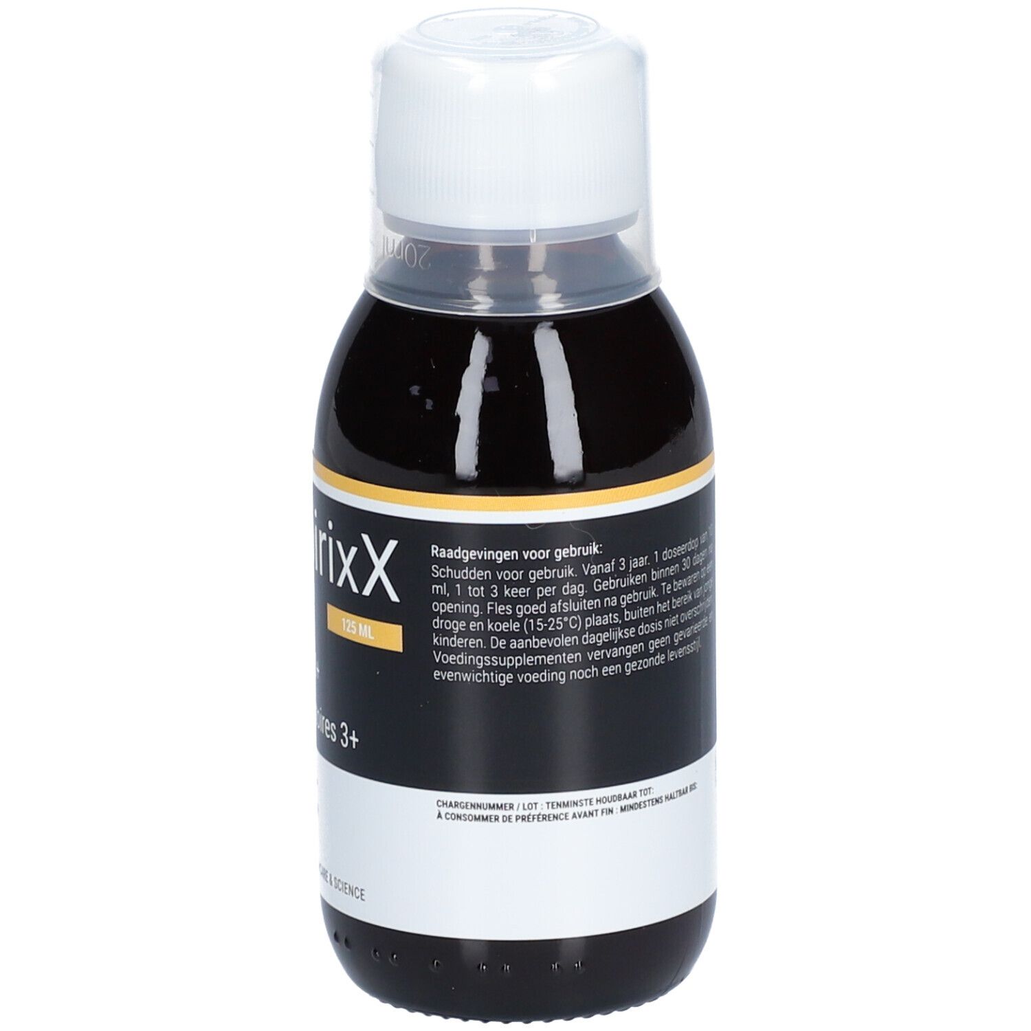 Achterkant van de fles met bruine vloeistof. Tekst: RespirixX Kidz, Luchtwegen 3+. Gebruiksaanwijzing.