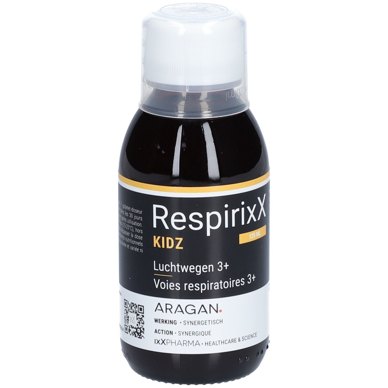 Bruine vloeistof in een fles met witte dop. Opschrift: RespirixX Kidz, Luchtwegen 3+.