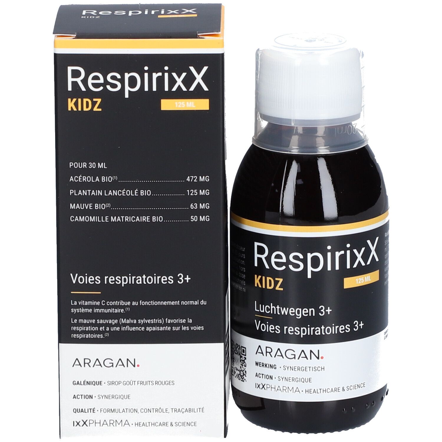 Verpakking en fles. Opschrift: RespirixX Kidz, 125 ml. Ingrediënten en informatie.