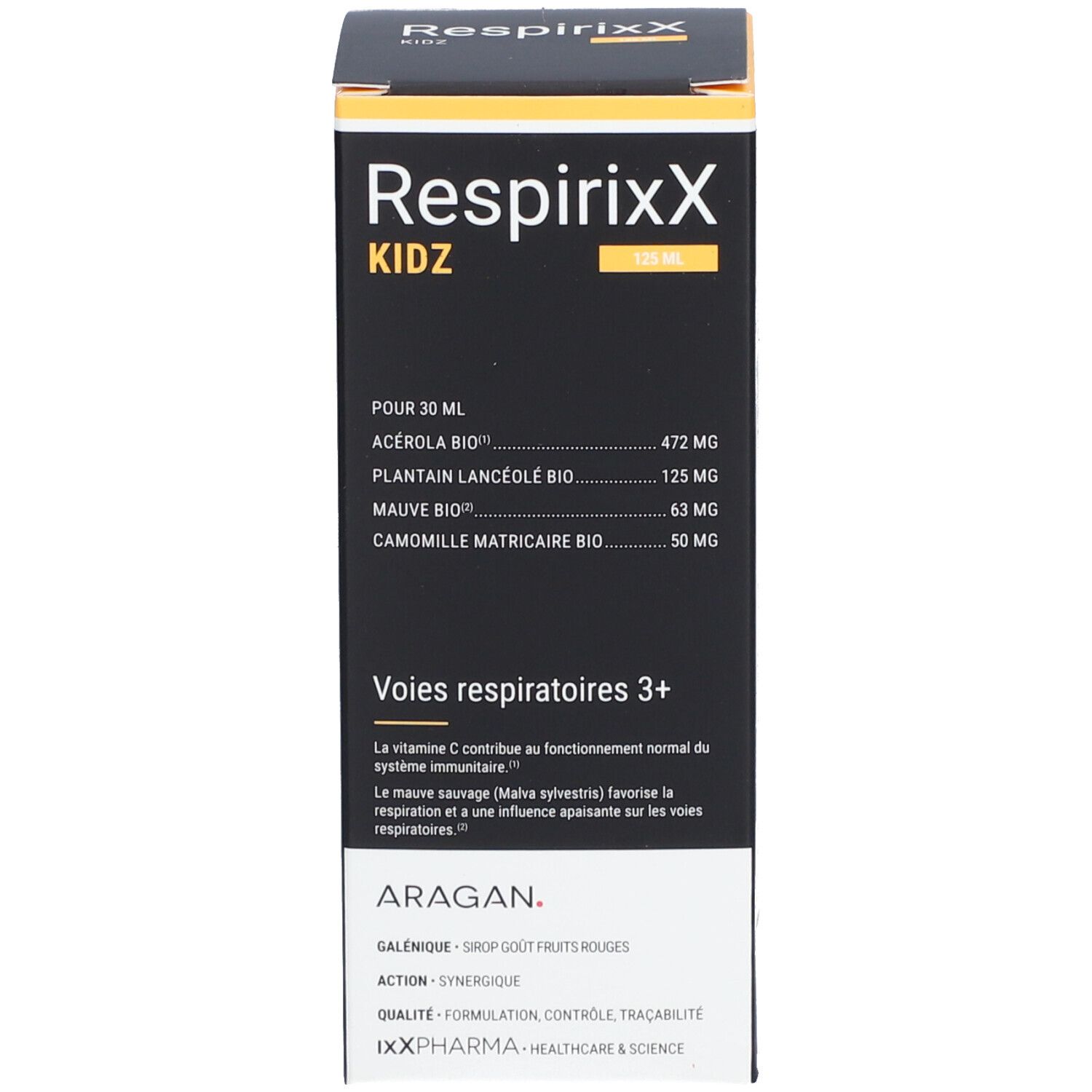 Productverpakking. Opschrift: RespirixX Kidz, 125 ml. Ingrediënten en informatie.