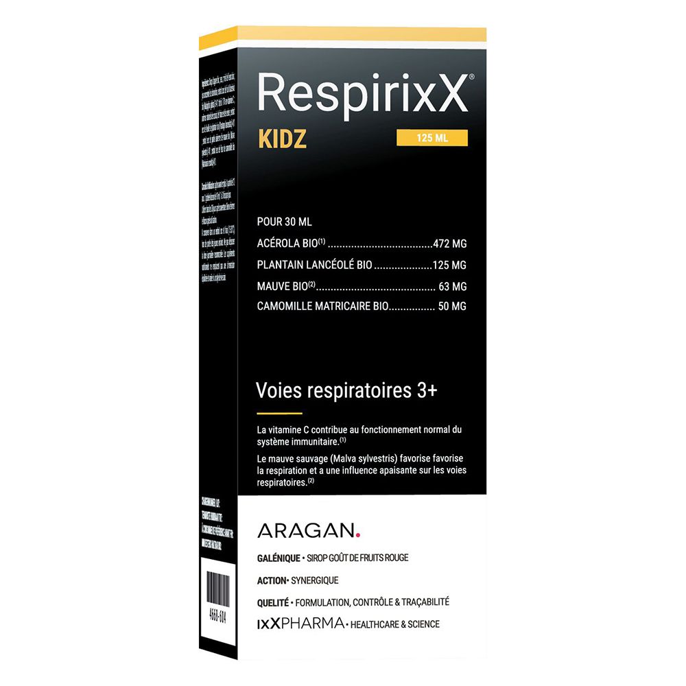 Emballage du produit. Inscription: RespirixX Kidz, 125 ml. Ingrédients et informations.