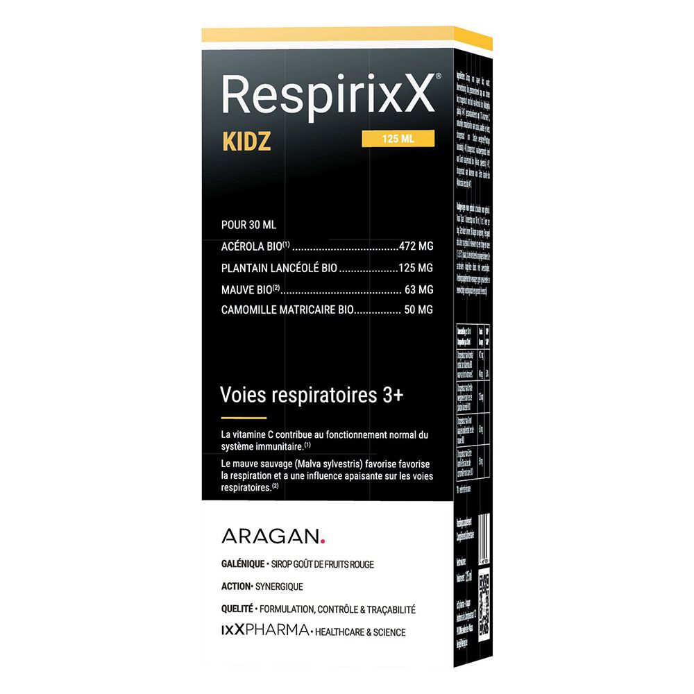 Emballage du produit. Inscription: RespirixX Kidz, 125 ml. Ingrédients et informations.