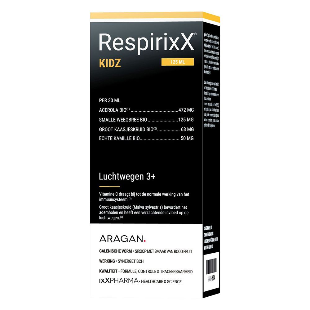 Productverpakking. Opschrift: RespirixX Kidz, 125 ml. Ingrediënten en informatie.