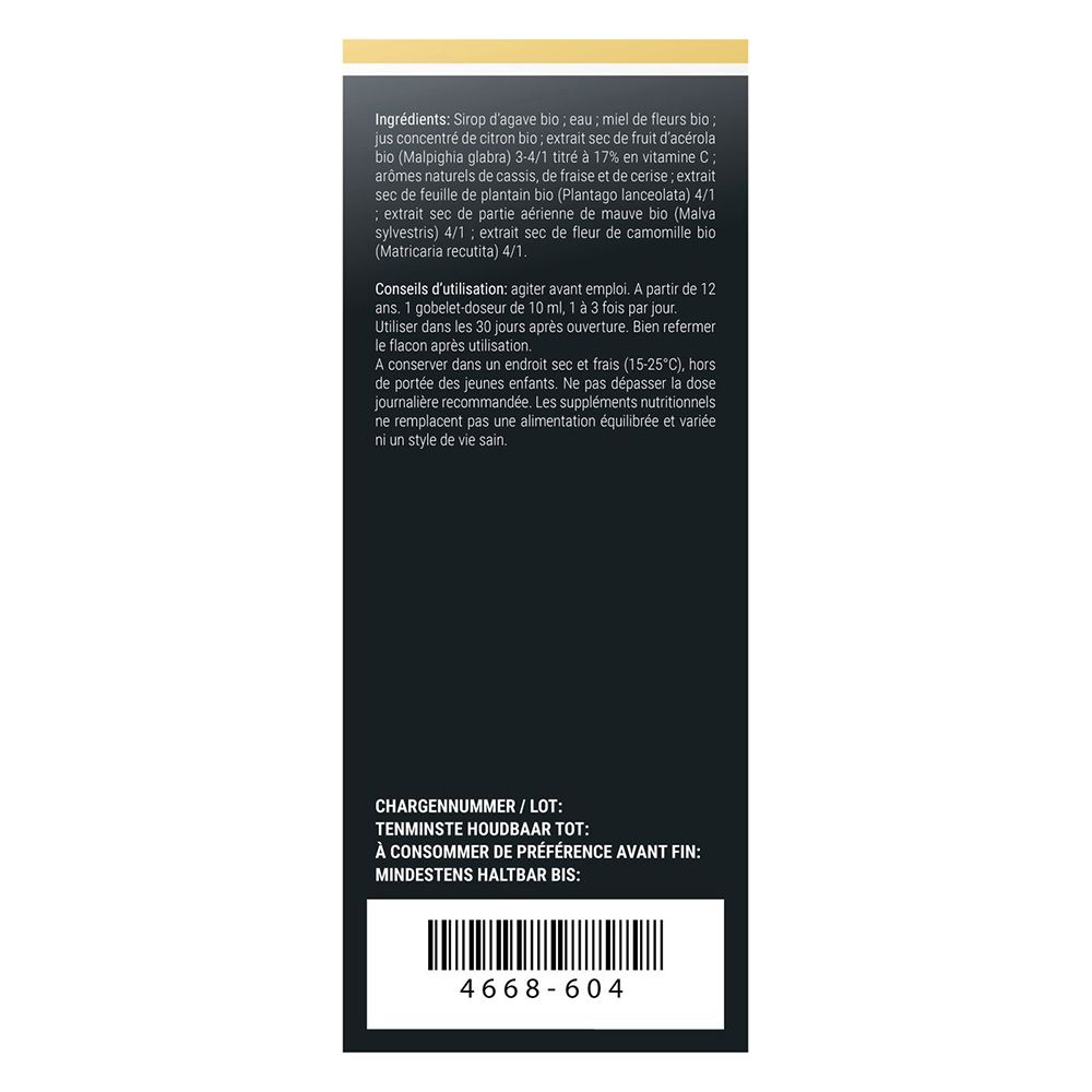 Emballage du produit. Inscription: RespirixX Kidz, 125 ml. Ingrédients et informations.