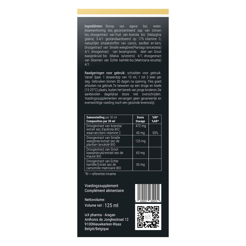 Productverpakking. Opschrift: RespirixX Kidz, 125 ml. Ingrediënten en informatie.