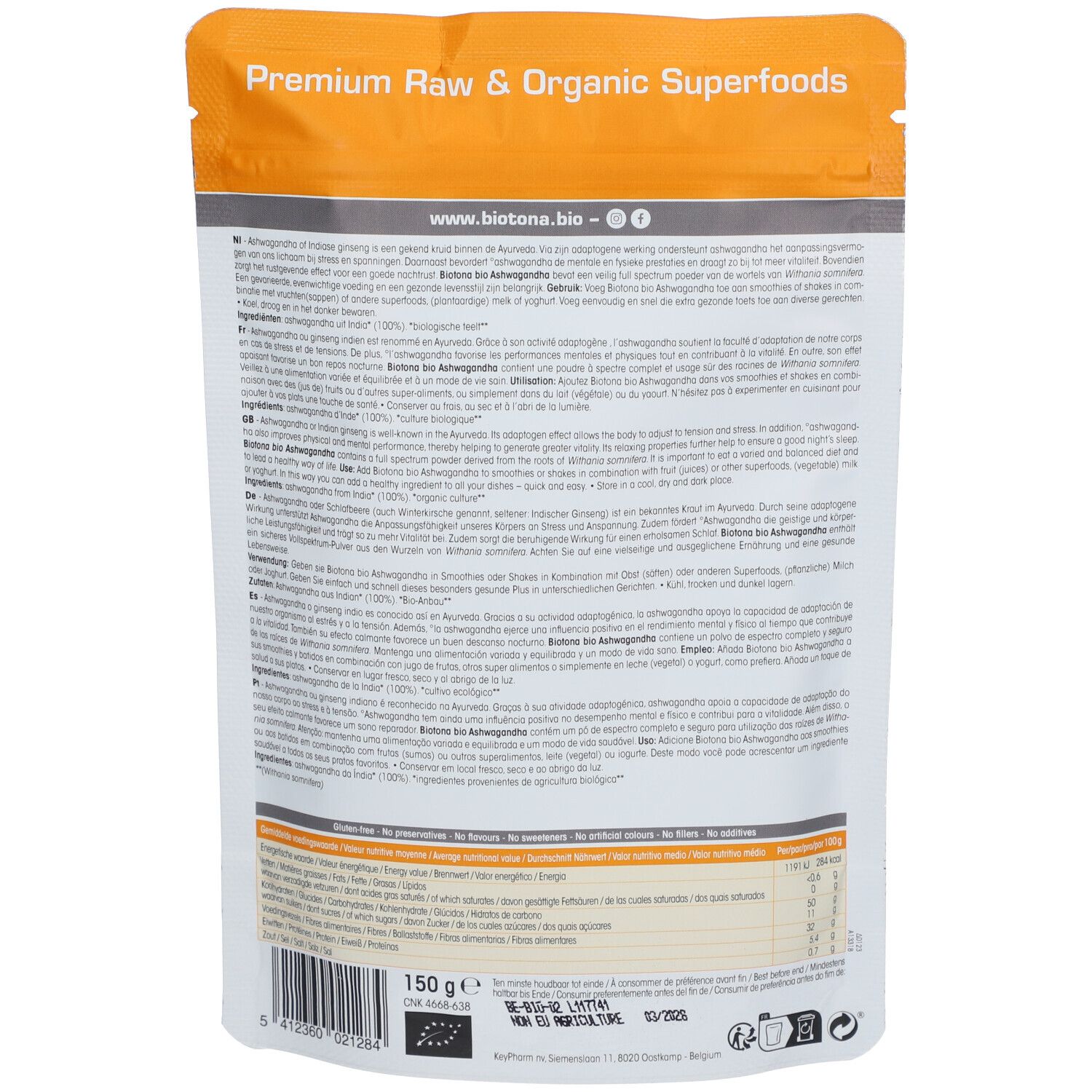 Rückseite des Ashwagandha-Beutels. Text in mehreren Sprachen. Angaben zu Inhaltsstoffen und Nährwerten. Vegan-Siegel.