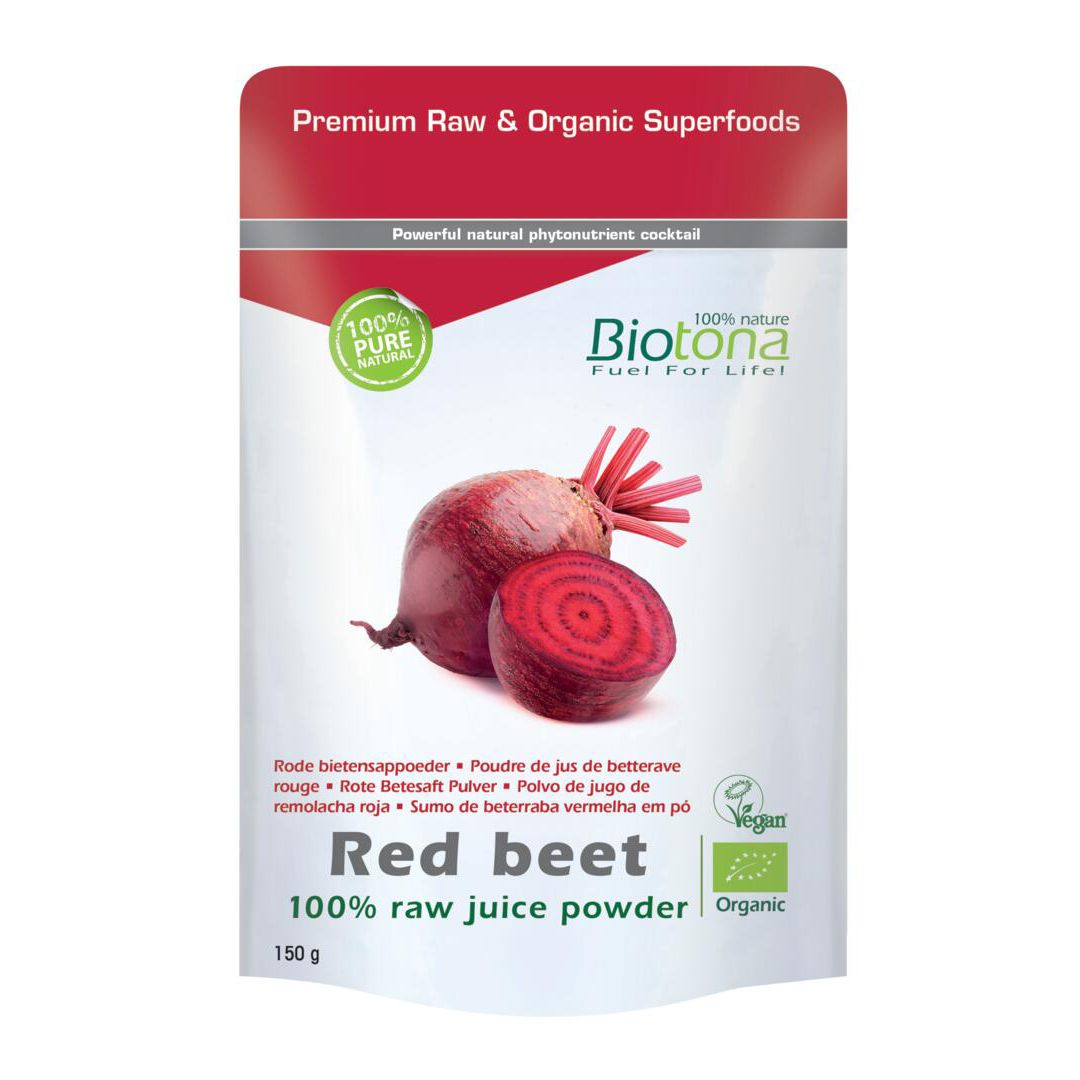 Zakje rode bieten sap poeder. Merk Biotona. Afbeelding van bieten. Tekst: Red beet, 100% raw juice powder. 150g.