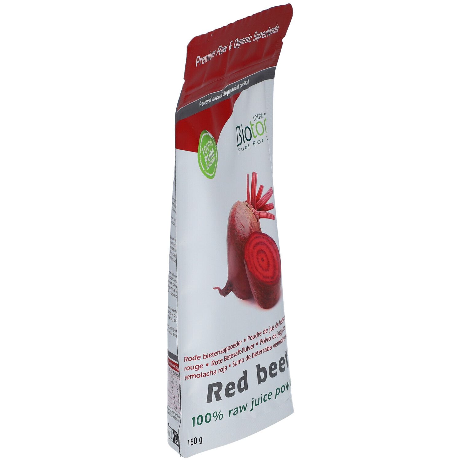 Zakje rode bieten sap poeder. Merk Biotona. Zijaanzicht. Tekst: Red beet, 100% raw juice powder. 150g.