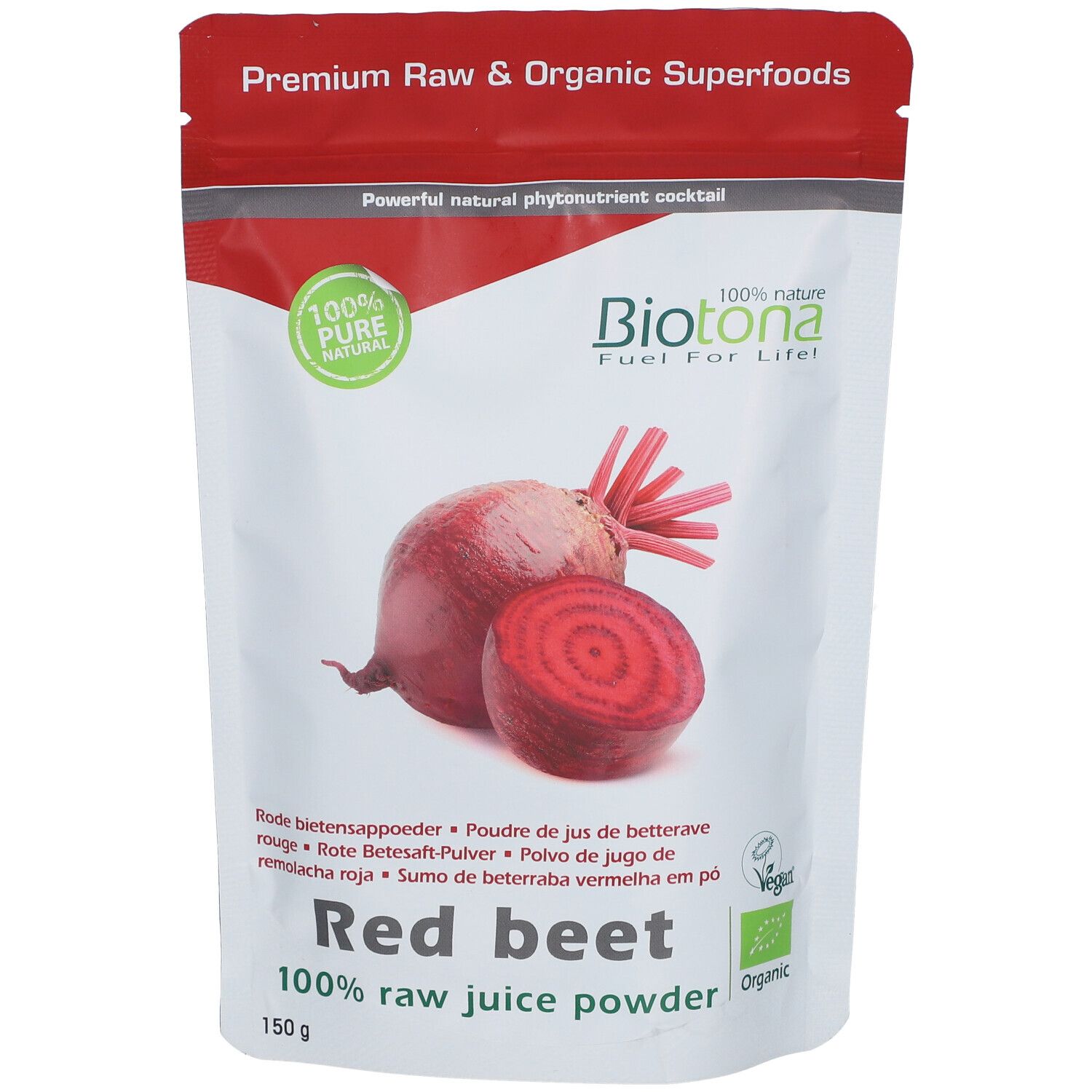 Zakje rode bieten sap poeder. Merk Biotona. Afbeelding van bieten. Tekst: Red beet, 100% raw juice powder. 150g.