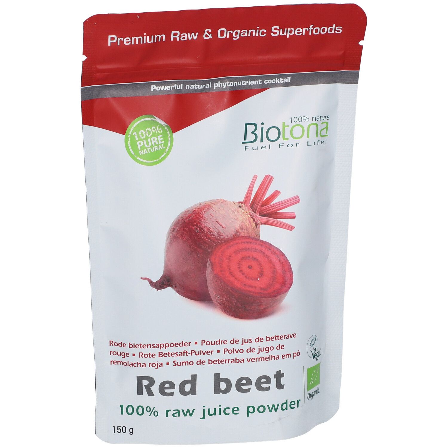 Zakje rode bieten sap poeder. Merk Biotona. Afbeelding van bieten. Tekst: Red beet, 100% raw juice powder. 150g.