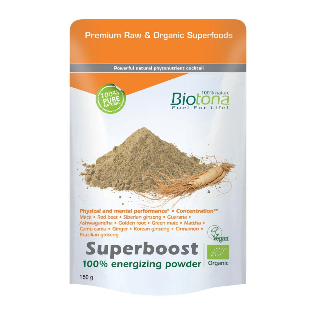 Sachet de poudre Superboost. Inscriptions : Biotona, Superboost, 100% energizing powder. Liste des ingrédients et label bio.
