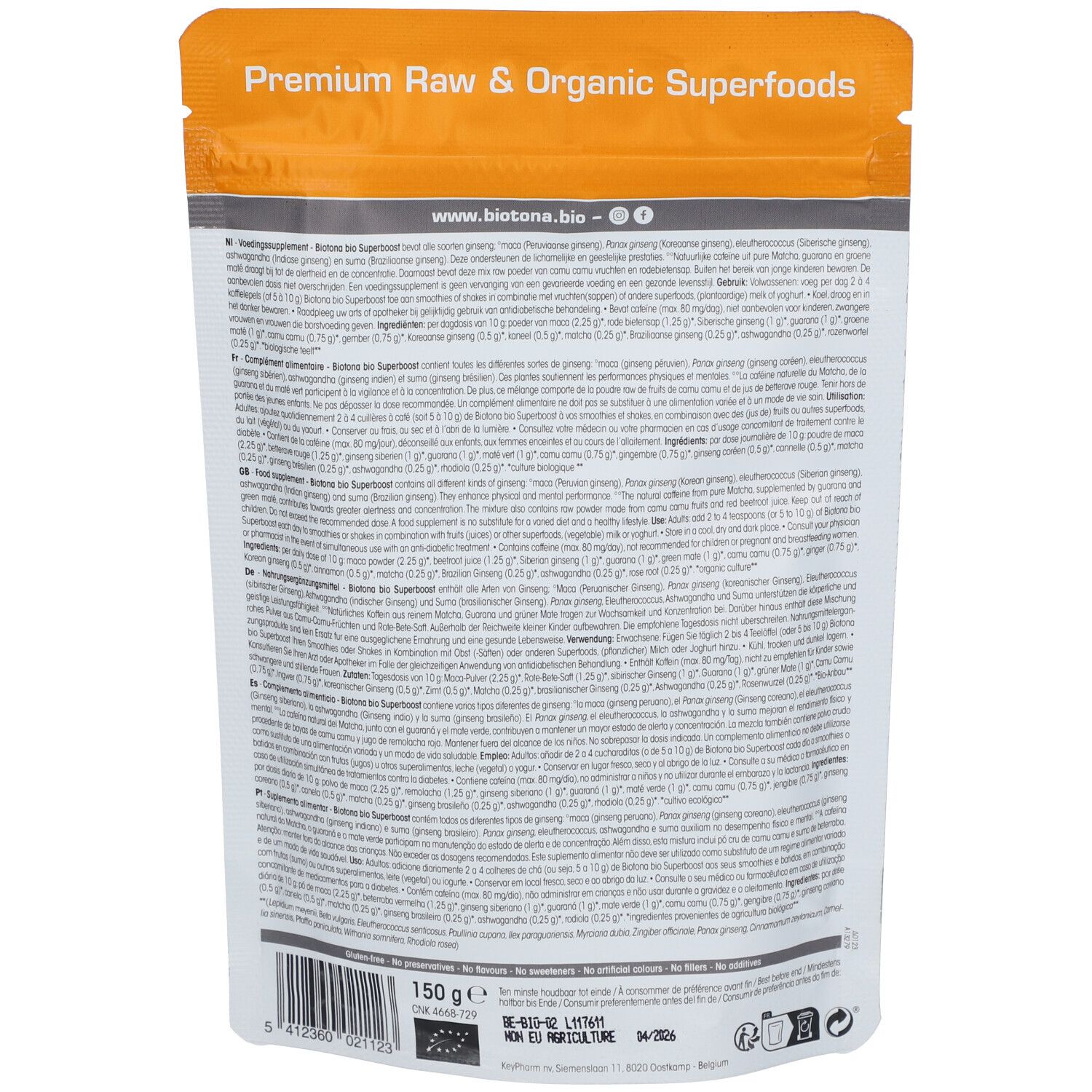 Dos du sachet Superboost. Texte avec ingrédients, informations nutritionnelles et informations fabricant. Label bio et poids.