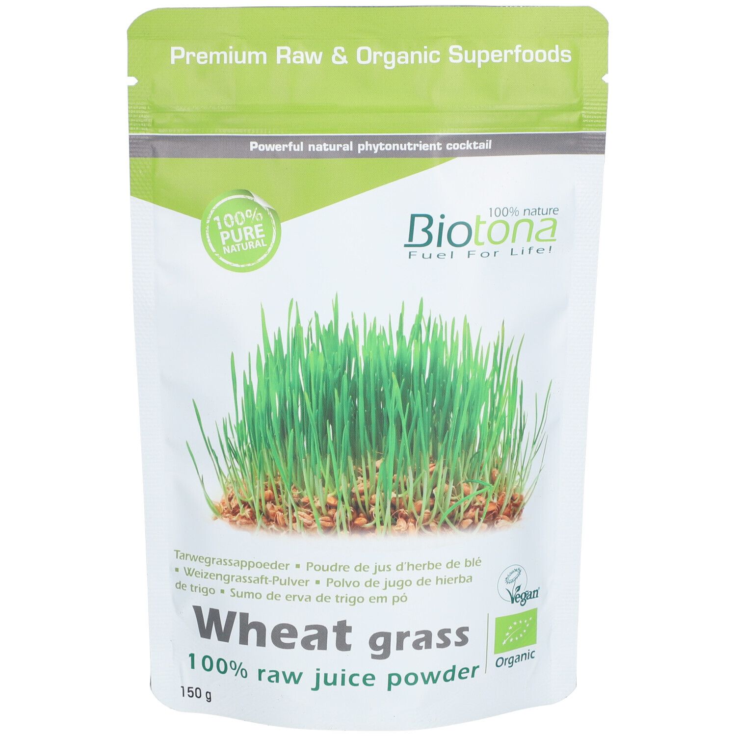 Beutel mit Weizengras-Pulver. Aufschrift: Biotona, 100% Rohsaft-Pulver, Vegan. Grün-weiße Verpackung mit Weizengras-Abbildung.