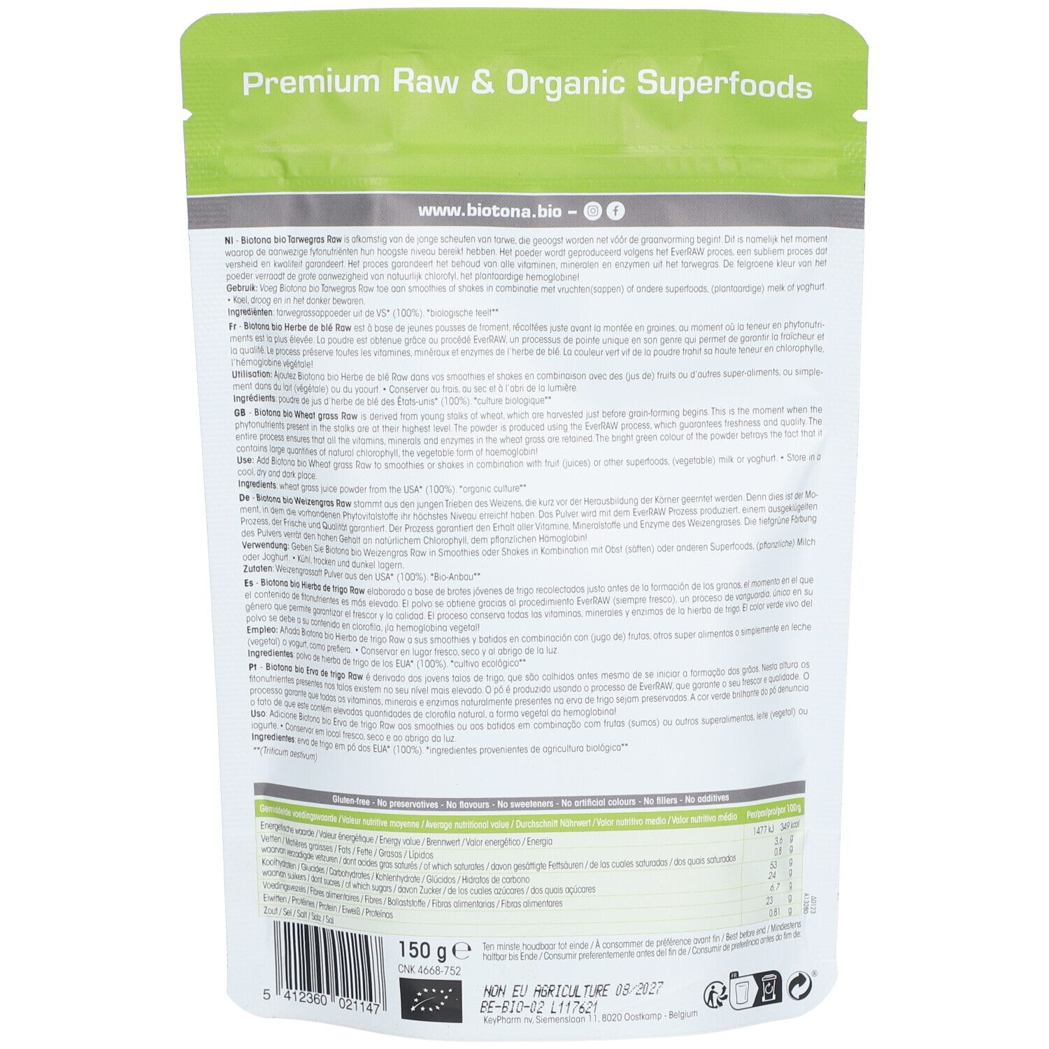 Rückseite der Weizengras-Pulver-Verpackung. Text in mehreren Sprachen. Angaben zu Inhaltsstoffen und Nährwerten. 150g, Bio-Siegel.