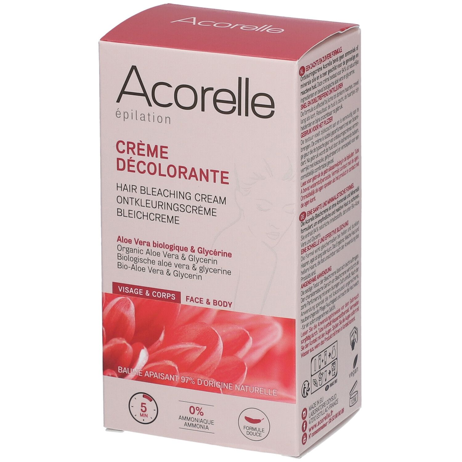 Boîte Acorelle Crème Décolorante. Contient Aloe Vera et Glycérine. Visage et corps. Temps de pose 5 minutes.