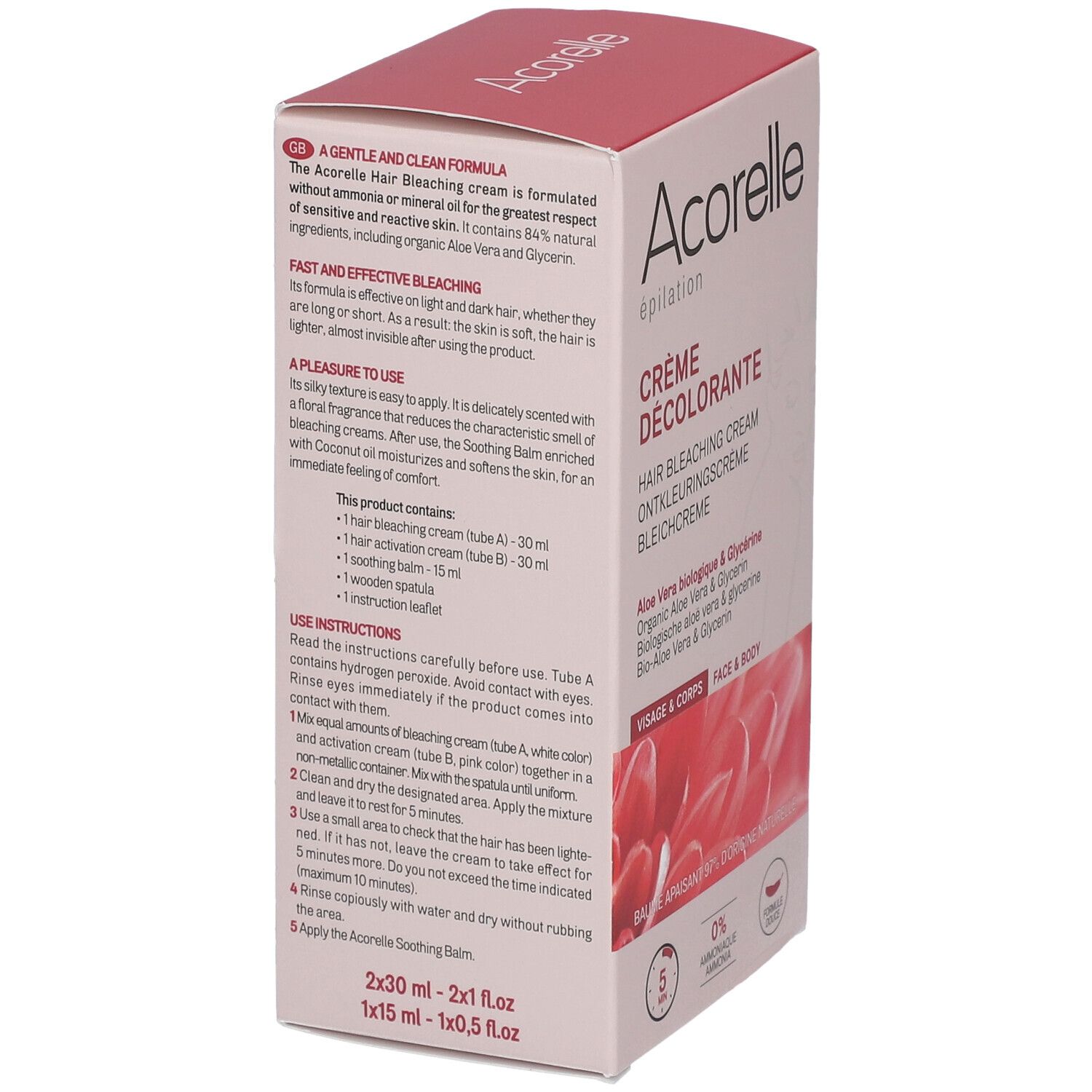 Boîte Acorelle Crème Décolorante. Contient 2x30ml crème décolorante, 1x15ml baume apaisant et spatule.