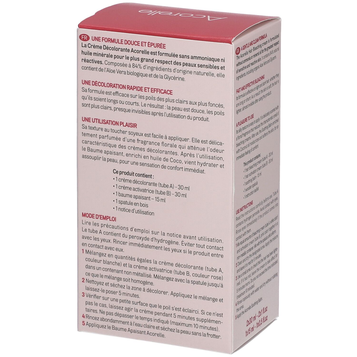 Boîte Acorelle Crème Décolorante. Dos avec informations et instructions en français.