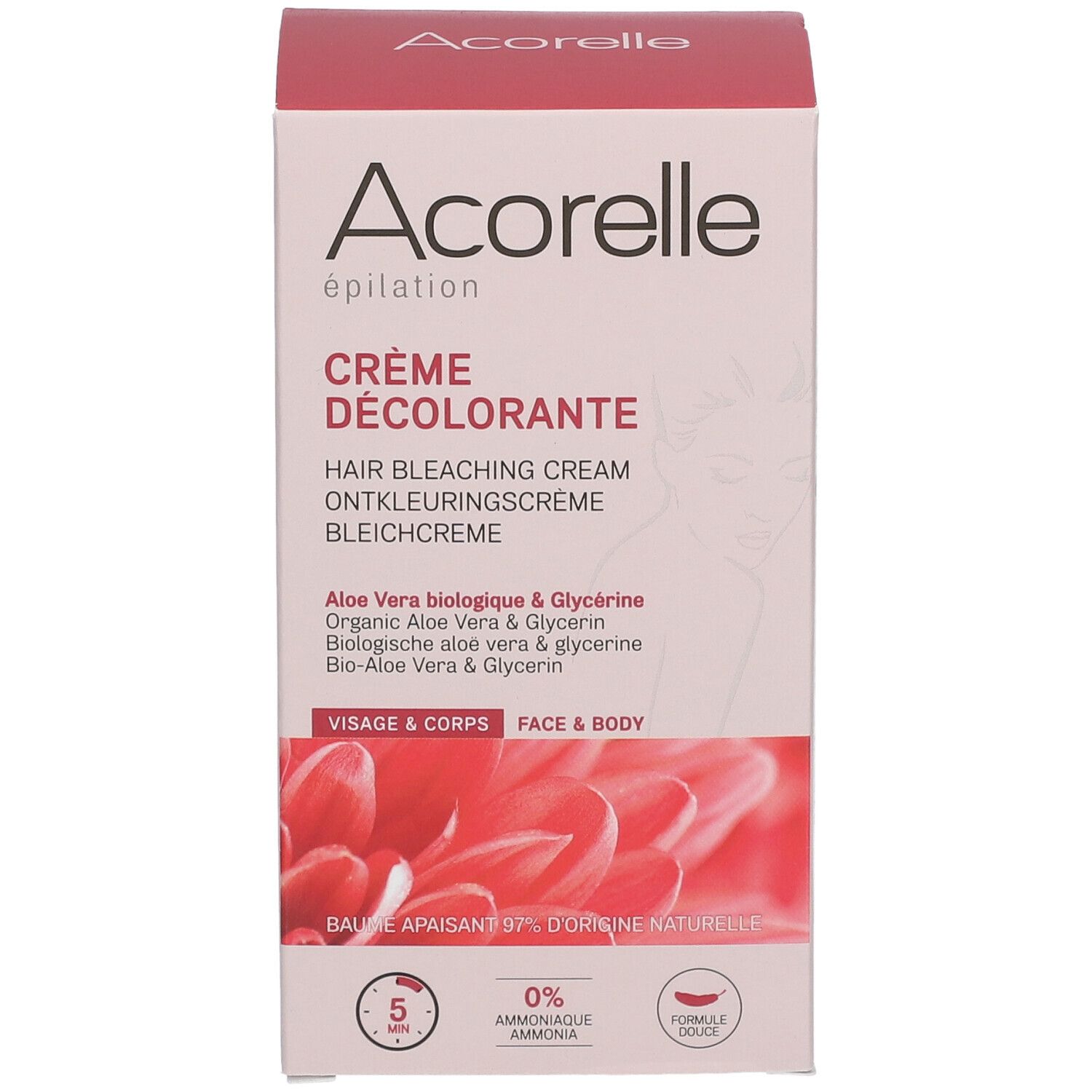 Boîte Acorelle Crème Décolorante. Contient Aloe Vera et Glycérine. Visage et corps. Temps de pose 5 minutes.