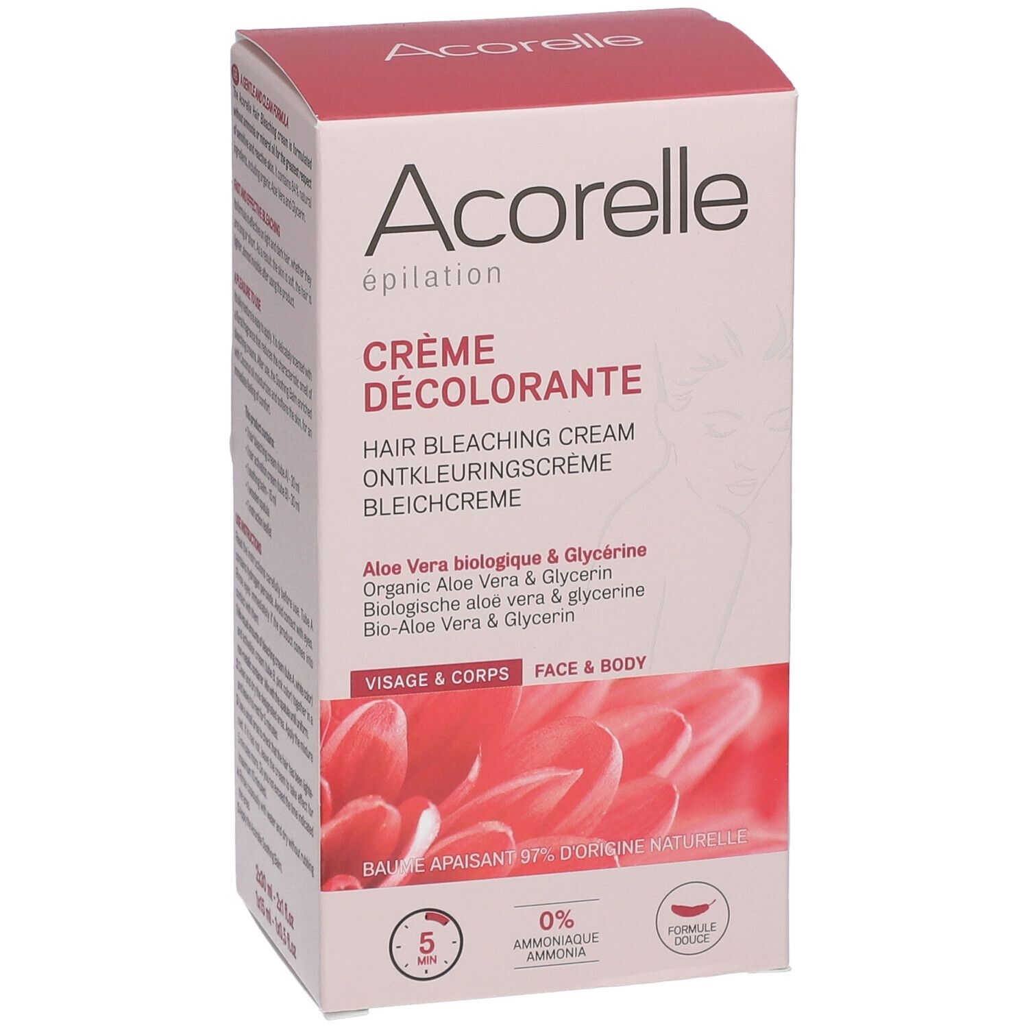 Boîte Acorelle Crème Décolorante. Contient Aloe Vera et Glycérine. Visage et corps. Temps de pose 5 minutes.