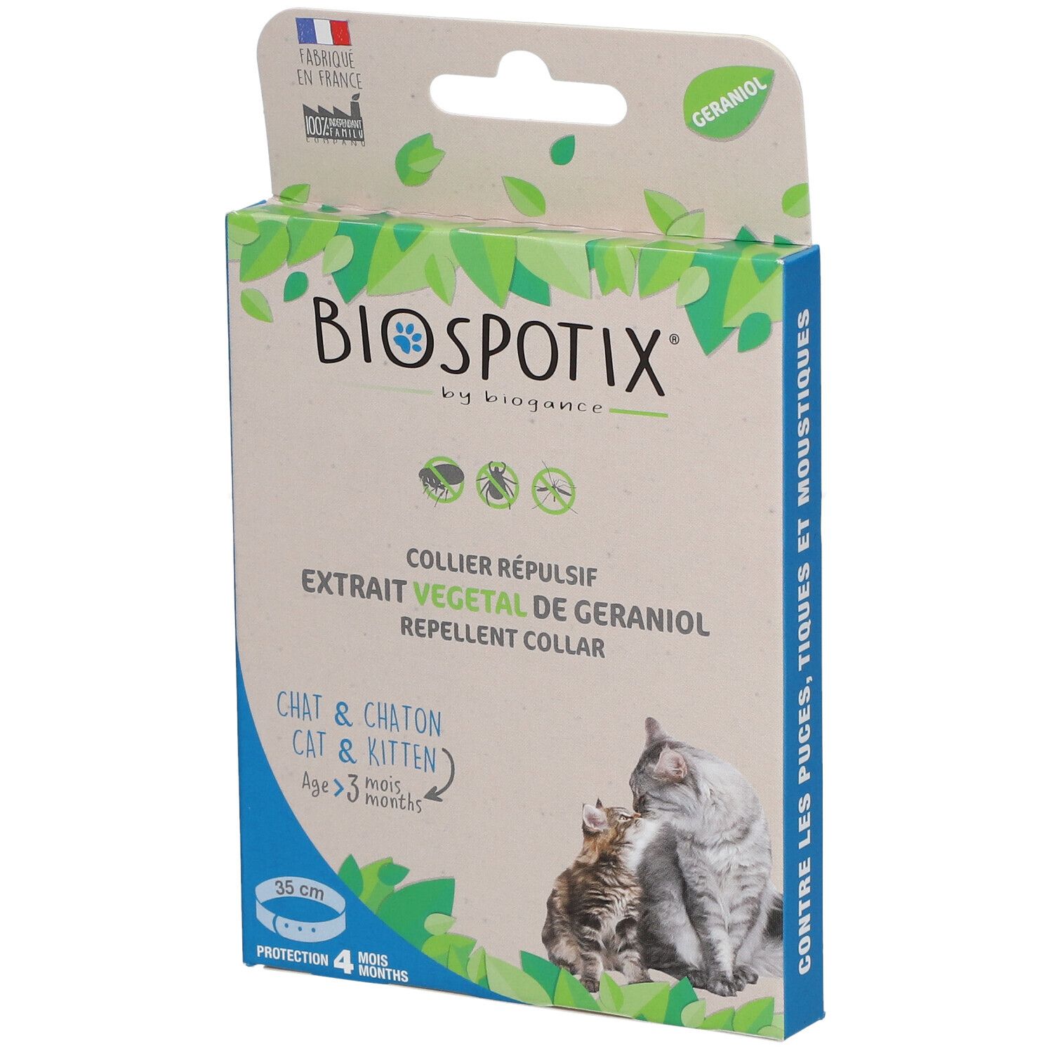 Verpakking voor kattenhalsband. Tekst: BIO SPOTIX, COLLIER RÉPULSIF, CHAT & CHATON, 35 cm, Bescherming 4 maanden. Afbeelding: Kat en kitten.