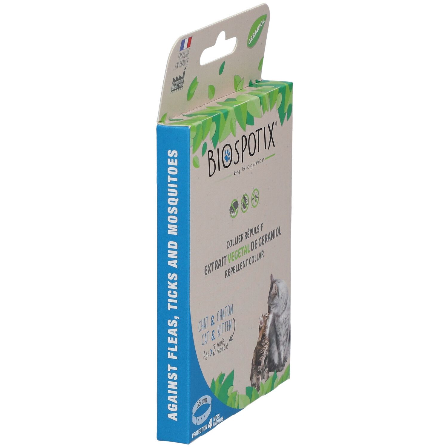 Zijaanzicht van de verpakking. Tekst: BIO SPOTIX, COLLIER RÉPULSIF, CHAT & CHATON. Opschrift: Tegen vlooien, teken en muggen. Afbeelding: Kat en kitten.