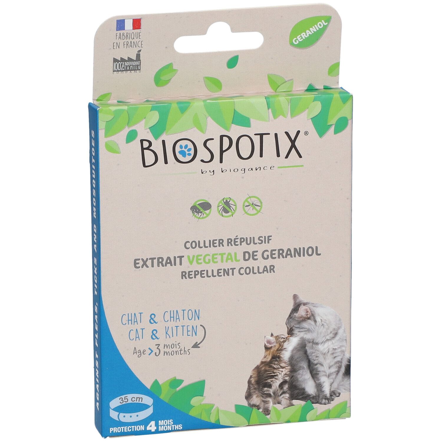Verpakking voor kattenhalsband. Tekst: BIO SPOTIX, COLLIER RÉPULSIF, CHAT & CHATON, 35 cm, Bescherming 4 maanden. Afbeelding: Kat en kitten.