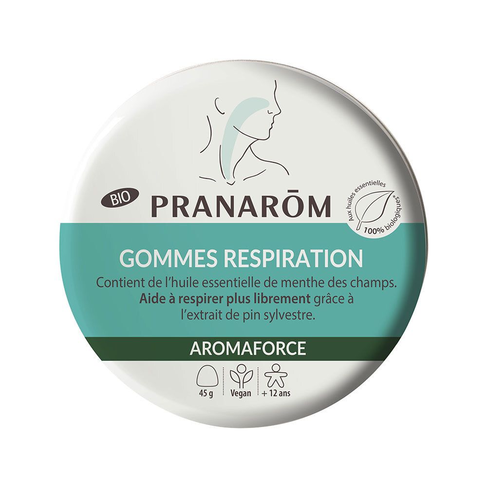 Ronde doos met witte deksel. Opschrift: Pranarôm, GOMMES RESPIRATION, Aromaforce. Bio-logo en 45g.