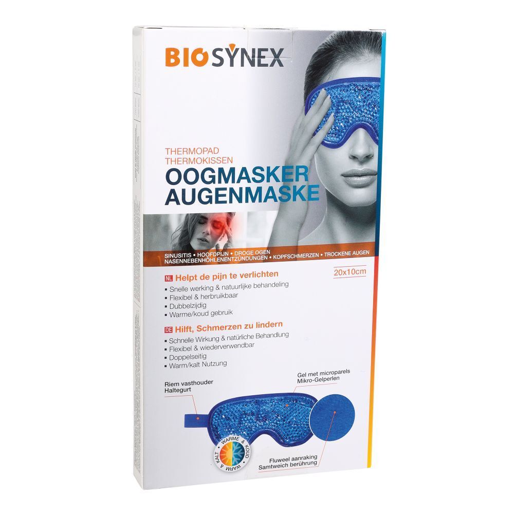 Verpakking BIOSYNEX oogmasker, 20x10cm. Afbeelding van een vrouw met masker. Meertalige tekst.