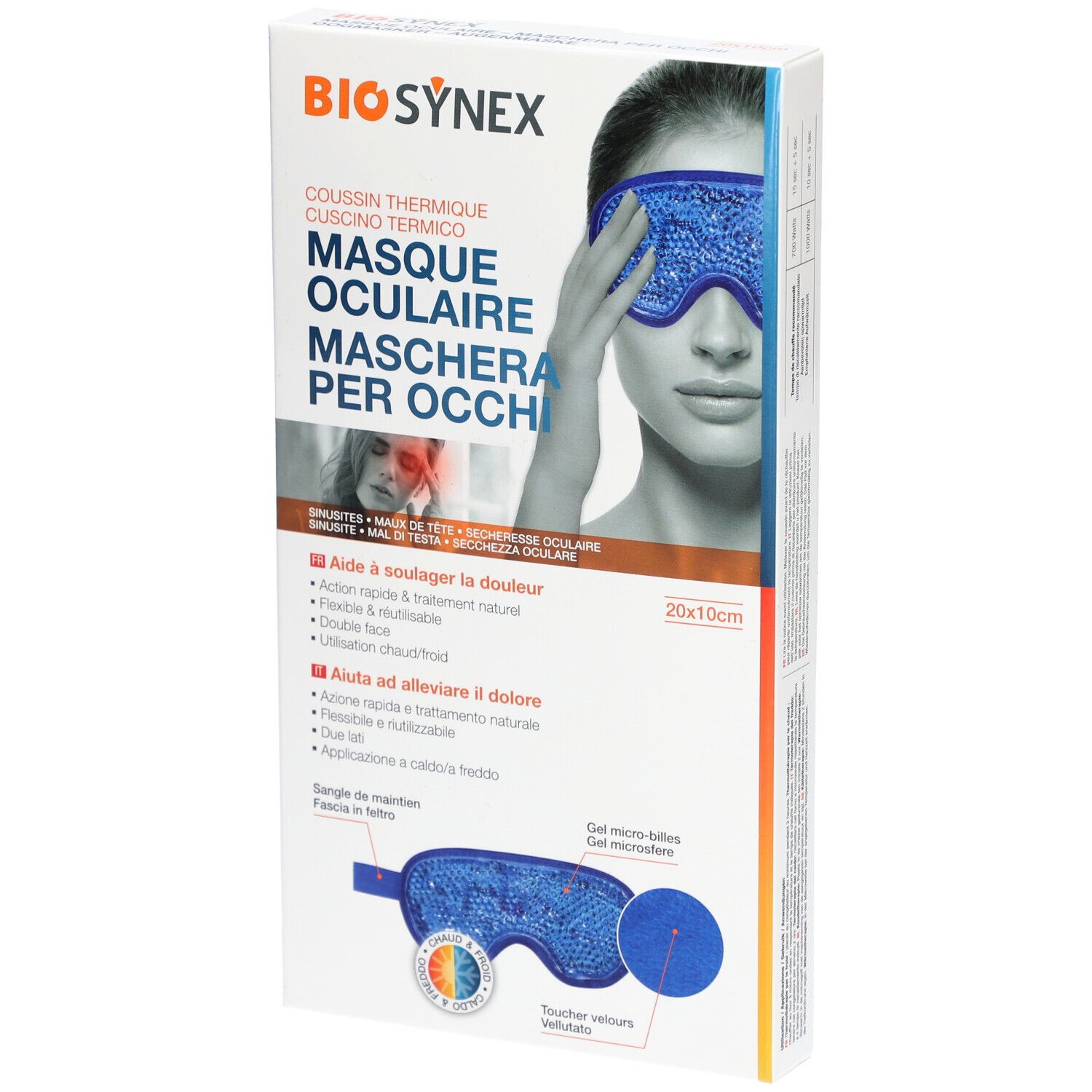 Verpakking BIOSYNEX oogmasker, 20x10cm. Afbeelding van een vrouw met masker. Meertalige tekst.
