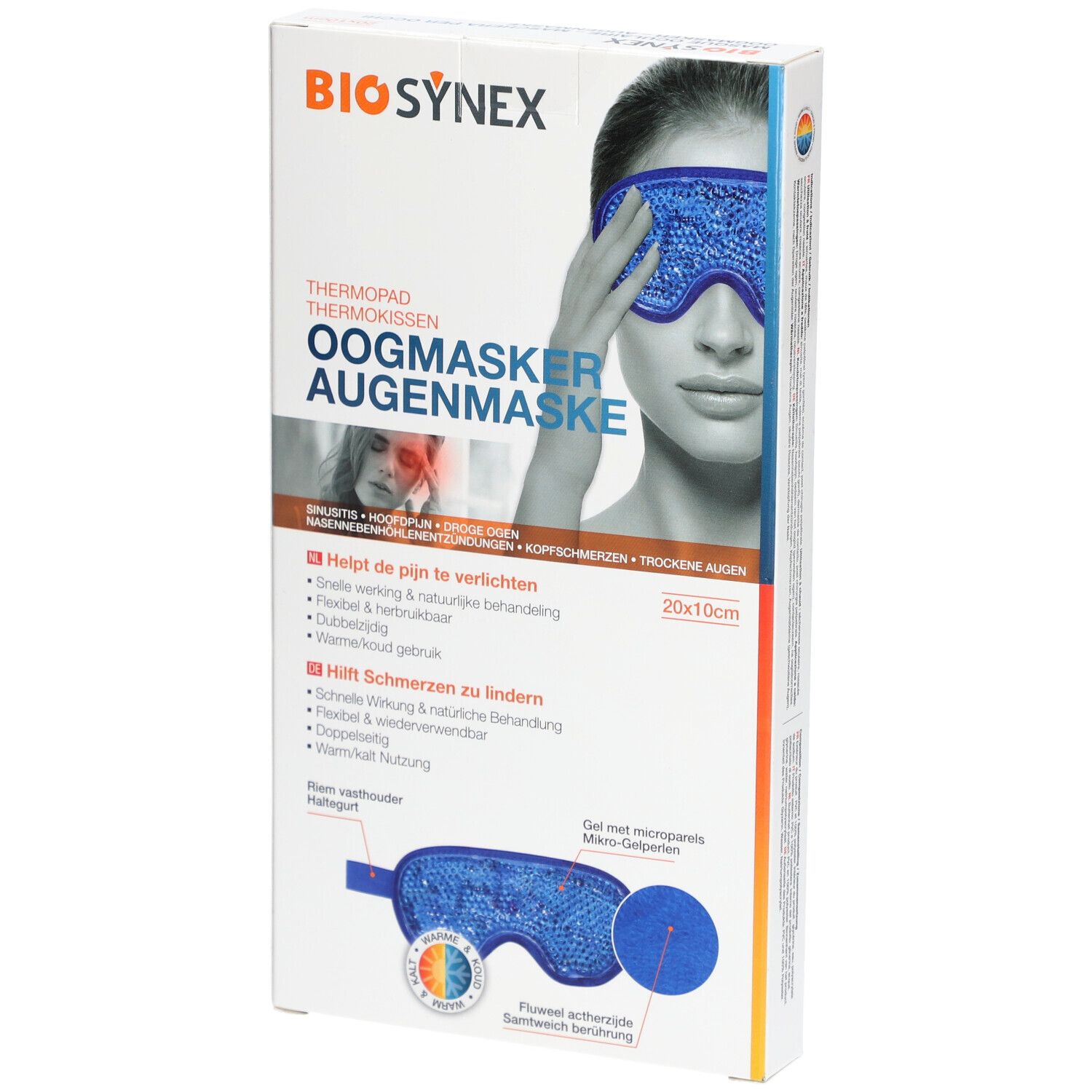 Verpakking BIOSYNEX oogmasker, 20x10cm. Afbeelding van een vrouw met masker. Meertalige tekst.