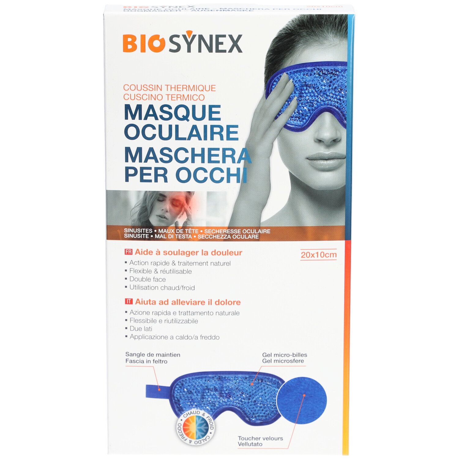 Verpakking BIOSYNEX oogmasker, 20x10cm. Afbeelding van een vrouw met masker. Meertalige tekst.
