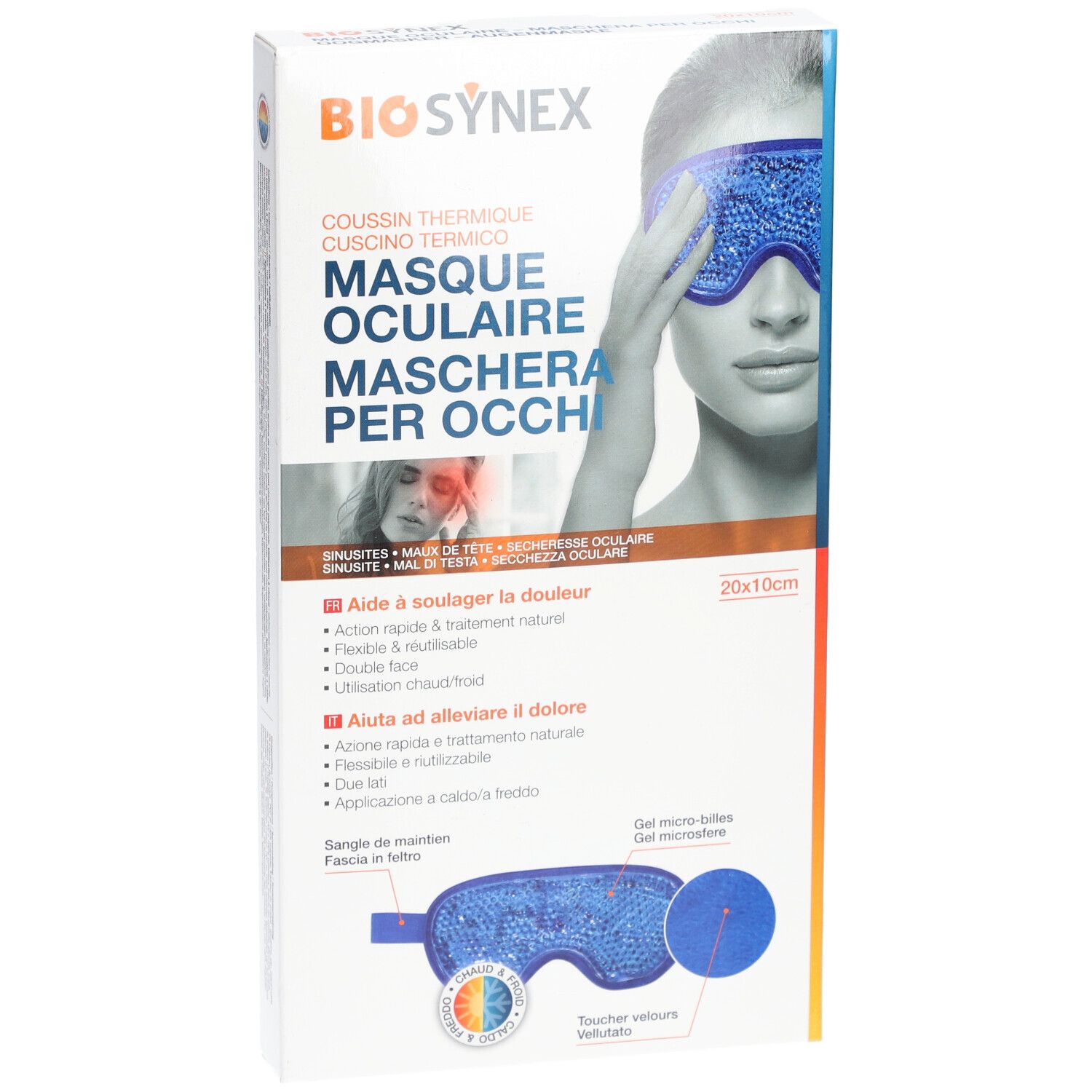 Verpakking BIOSYNEX oogmasker, 20x10cm. Afbeelding van een vrouw met masker. Meertalige tekst.
