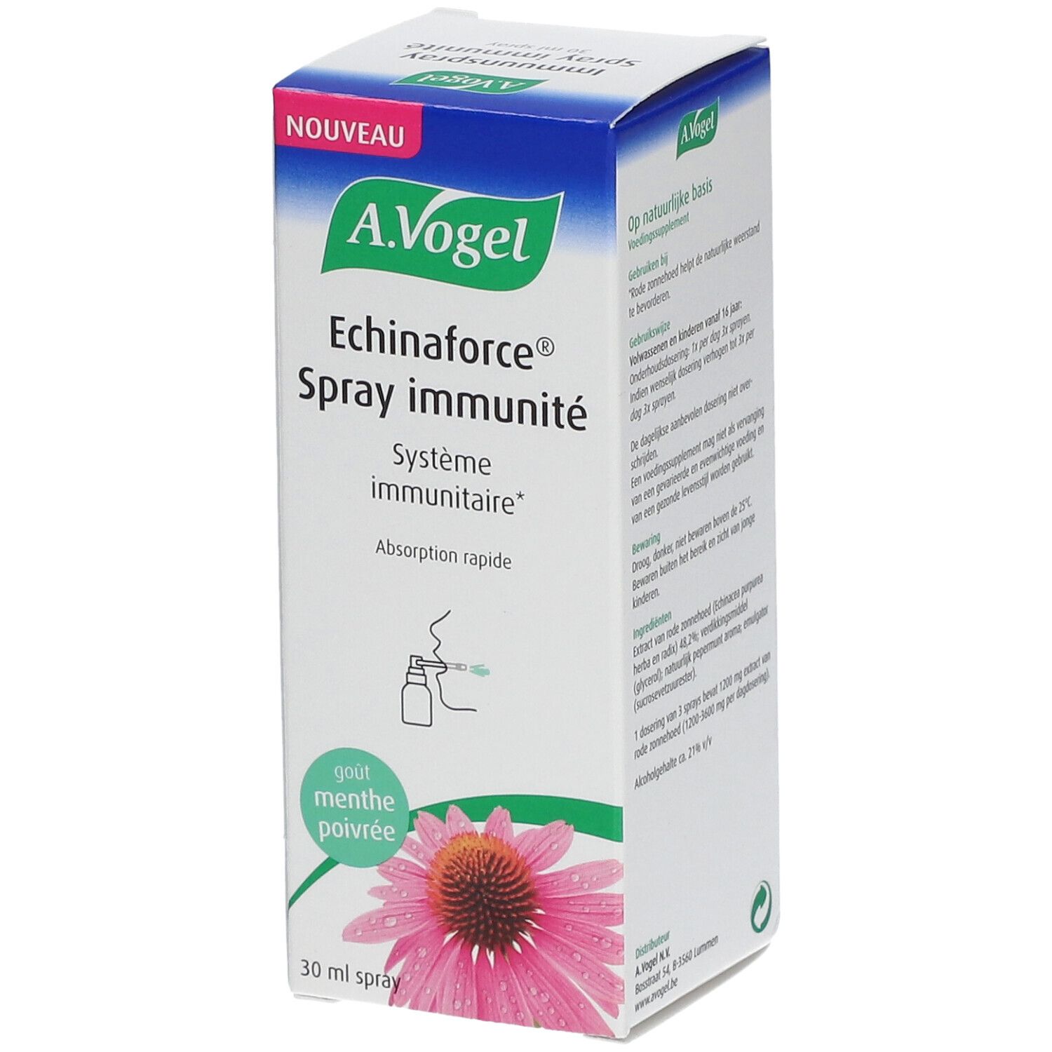 A.Vogel Echinaforce® Spray Immunité. Boîte avec nom du produit, illustration florale et fonction de pulvérisation. Goût menthe poivrée.