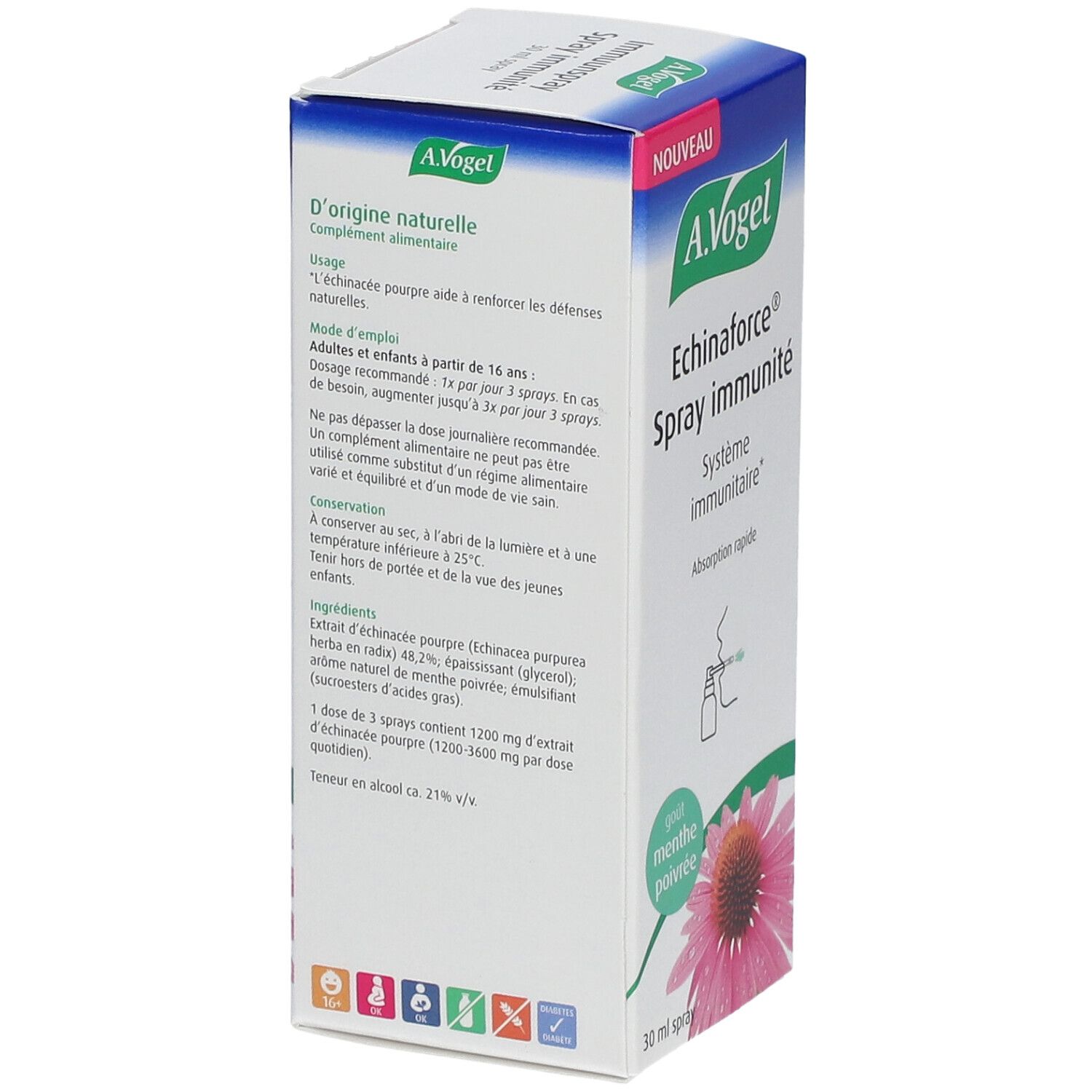 A.Vogel Echinaforce® Spray Immunité. Boîte avec informations sur le produit et illustration. Contient des informations sur l'utilisation et les ingrédients.