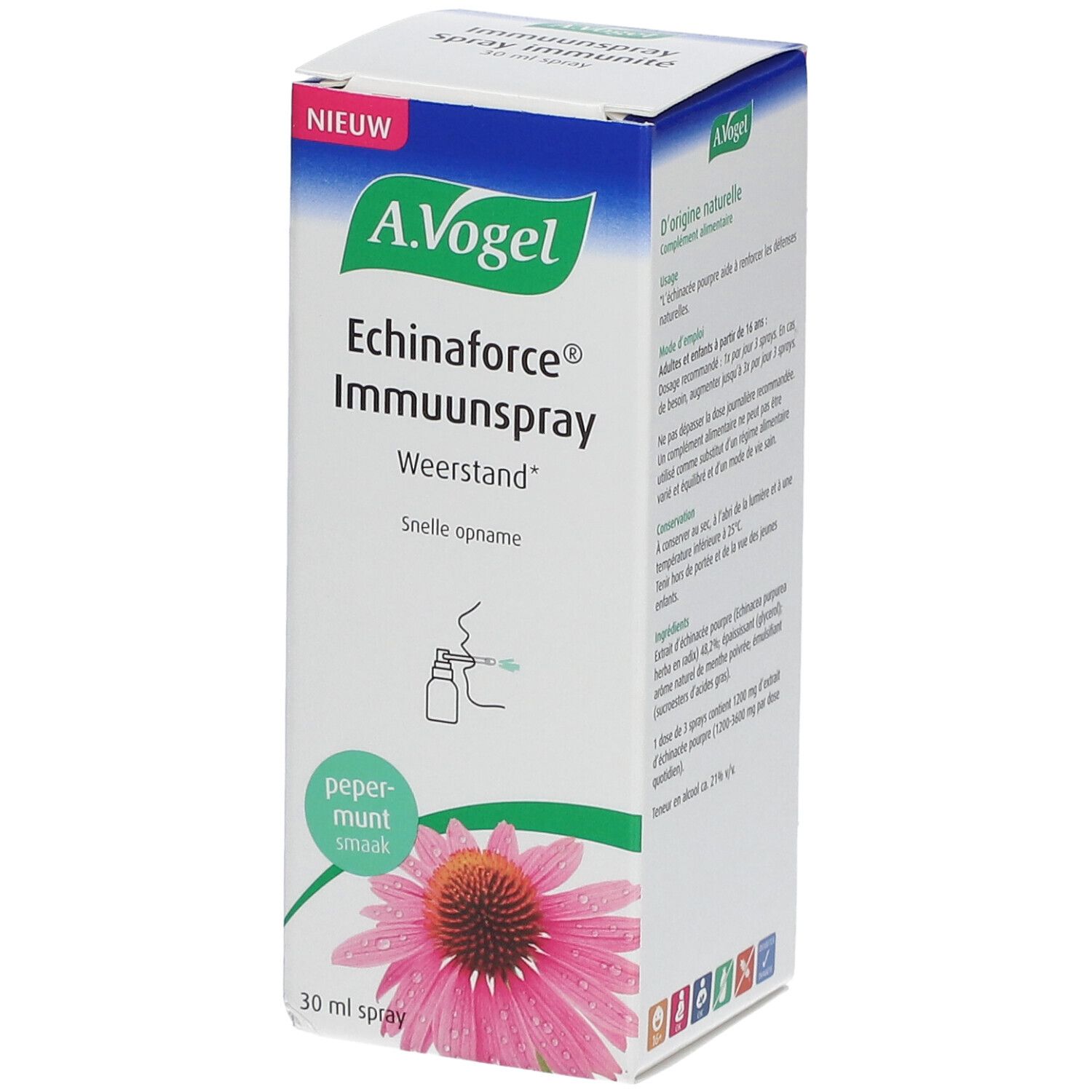 A.Vogel Echinaforce® Immuunspray. Boîte avec nom du produit, illustration florale et fonction de pulvérisation. Goût: pepermunt.