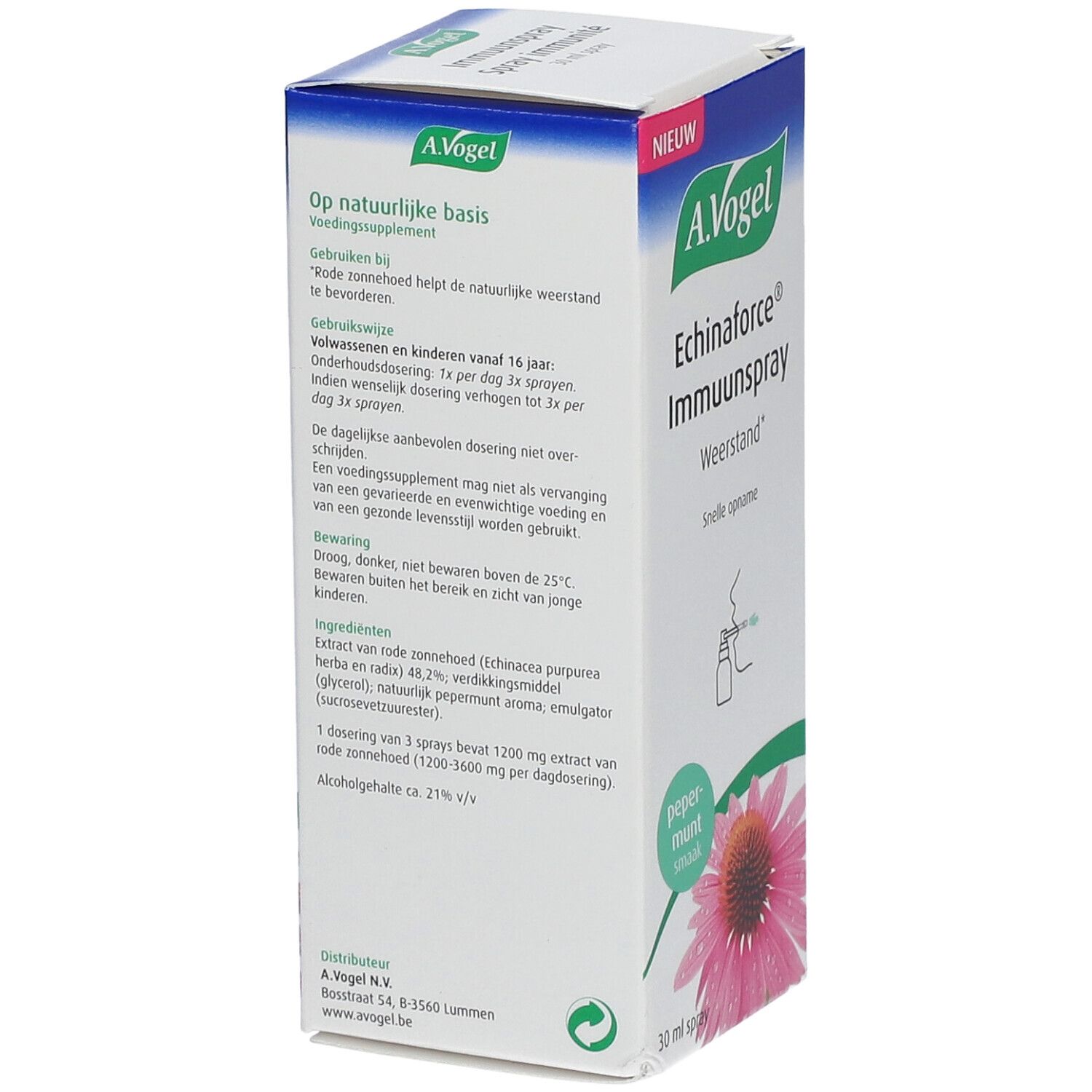 A.Vogel Echinaforce® Immuunspray. Boîte avec informations sur le produit et illustration. Contient des informations sur l'utilisation et les ingrédients.