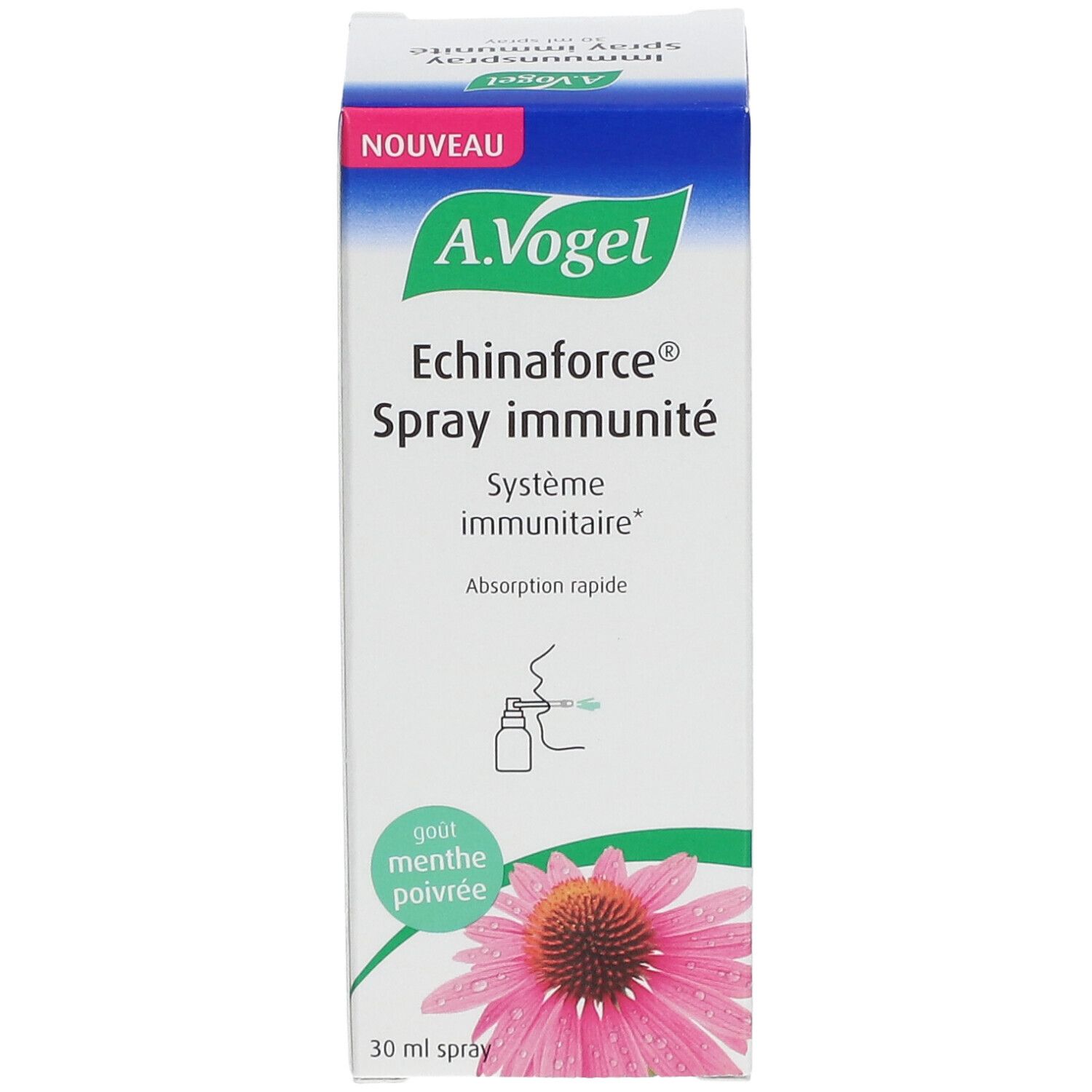 A.Vogel Echinaforce® Spray Immunité. Boîte avec nom du produit, illustration florale et fonction de pulvérisation. Goût menthe poivrée.