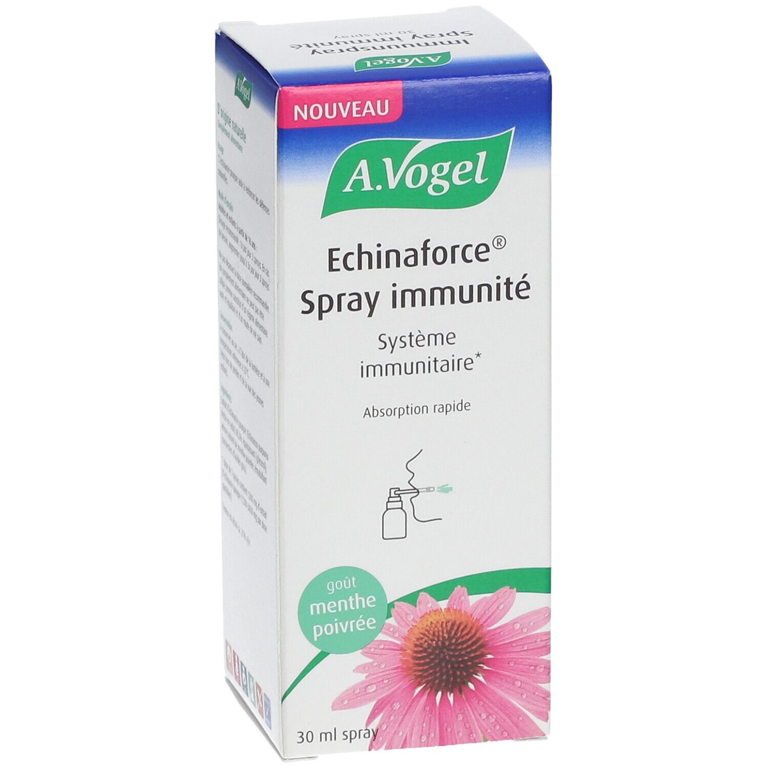A.Vogel Echinaforce® Spray Immunité. Boîte avec nom du produit, illustration florale et fonction de pulvérisation. Goût menthe poivrée.