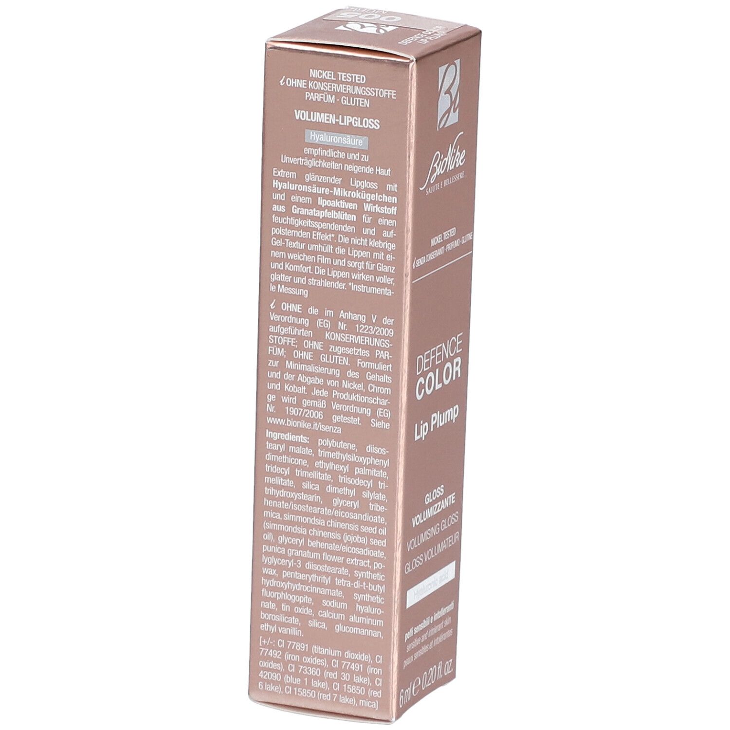 Rückseite der BioNike Lip Plump-Verpackung. Text mit Inhaltsstoffen, Volumen und Herstellerinformationen.