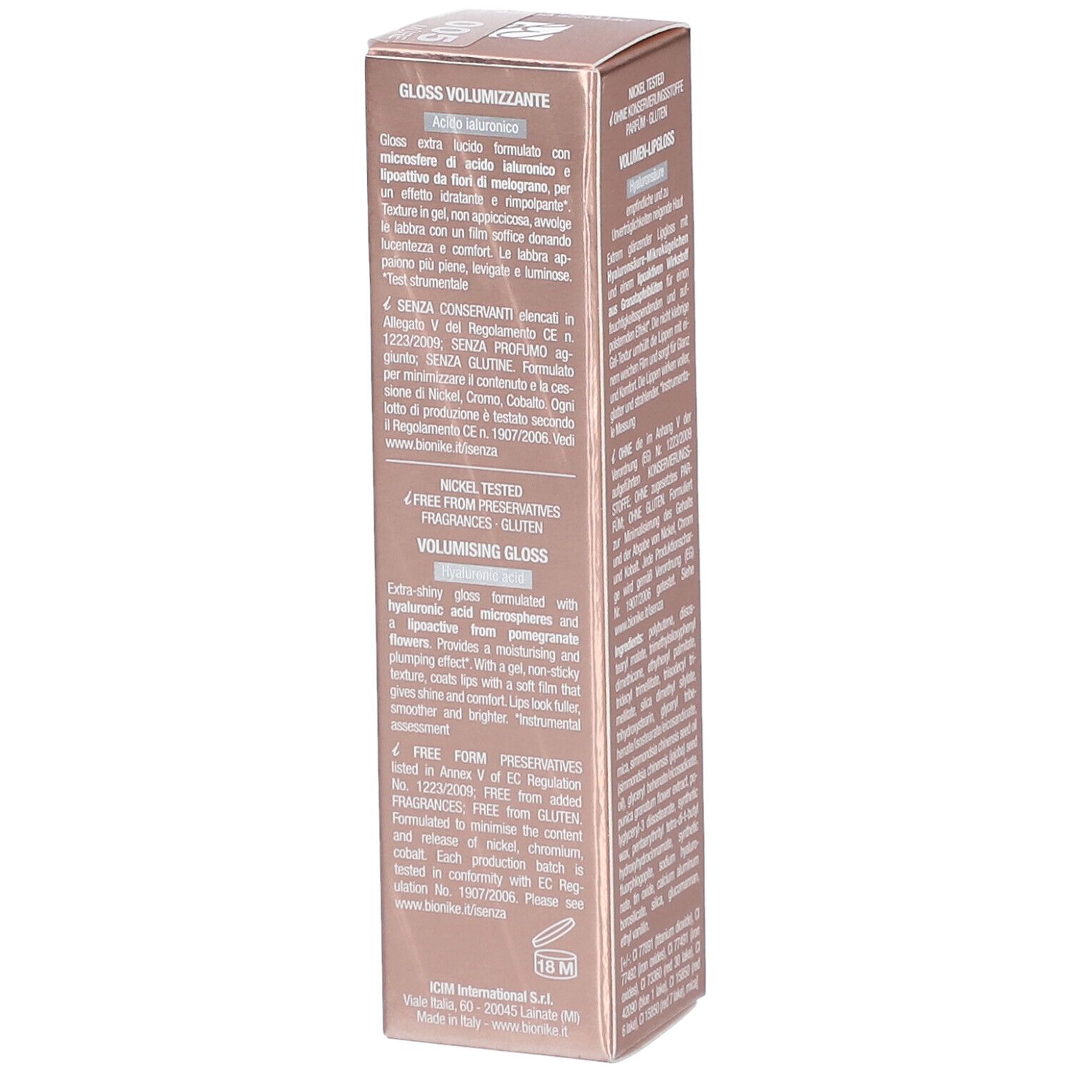Seite der BioNike Lip Plump-Verpackung. Text mit Inhaltsstoffen, Volumen und Herstellerinformationen.