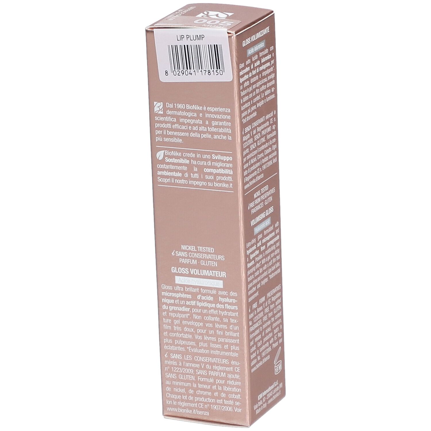 Seite der BioNike Lip Plump-Verpackung. Text mit Inhaltsstoffen, Volumen und Herstellerinformationen.